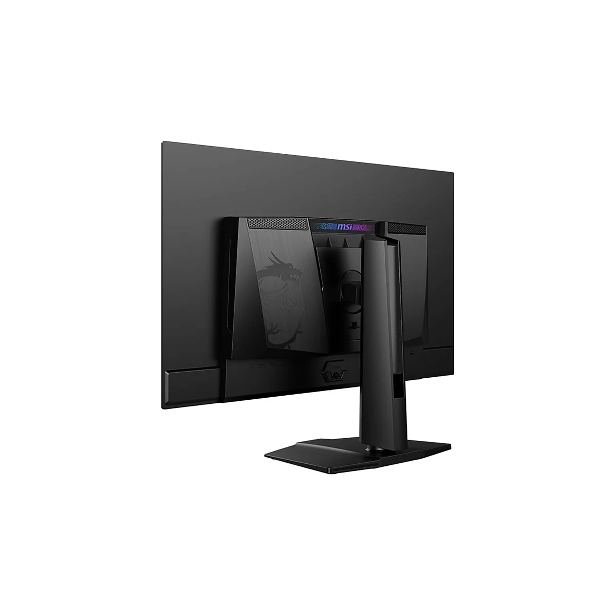 Schwarzer Gaming-Monitor von hinten, mit MSI-Logo und Drachen-Design.