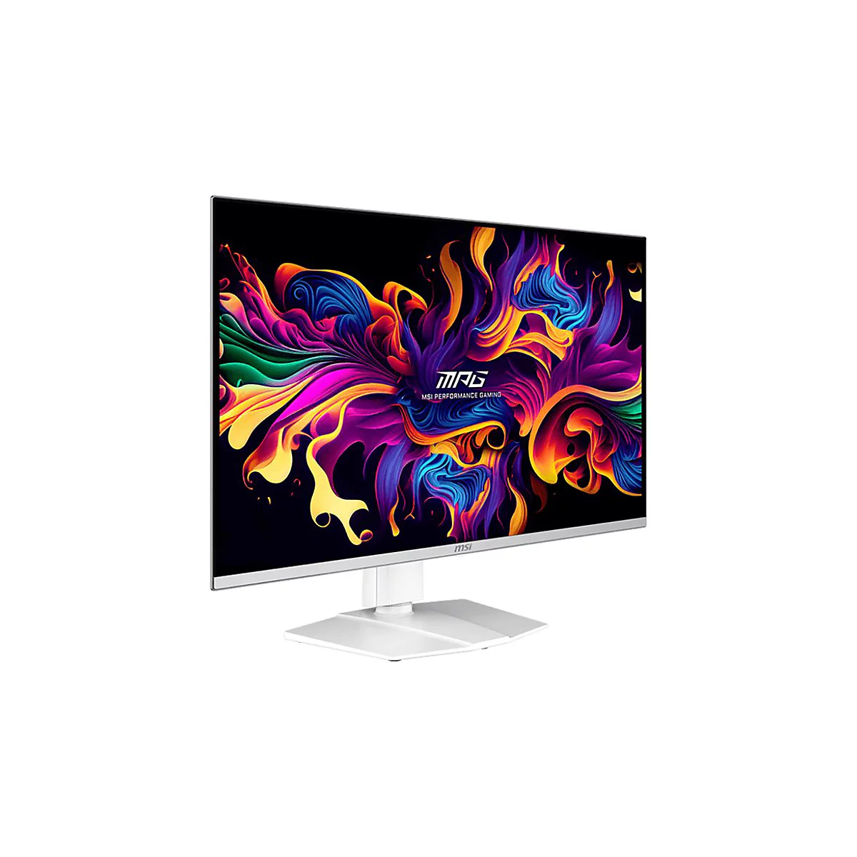 Weißer MSI Gaming-Monitor mit buntem, abstraktem Farbmuster auf dem Display vor neutralem Hintergrund.