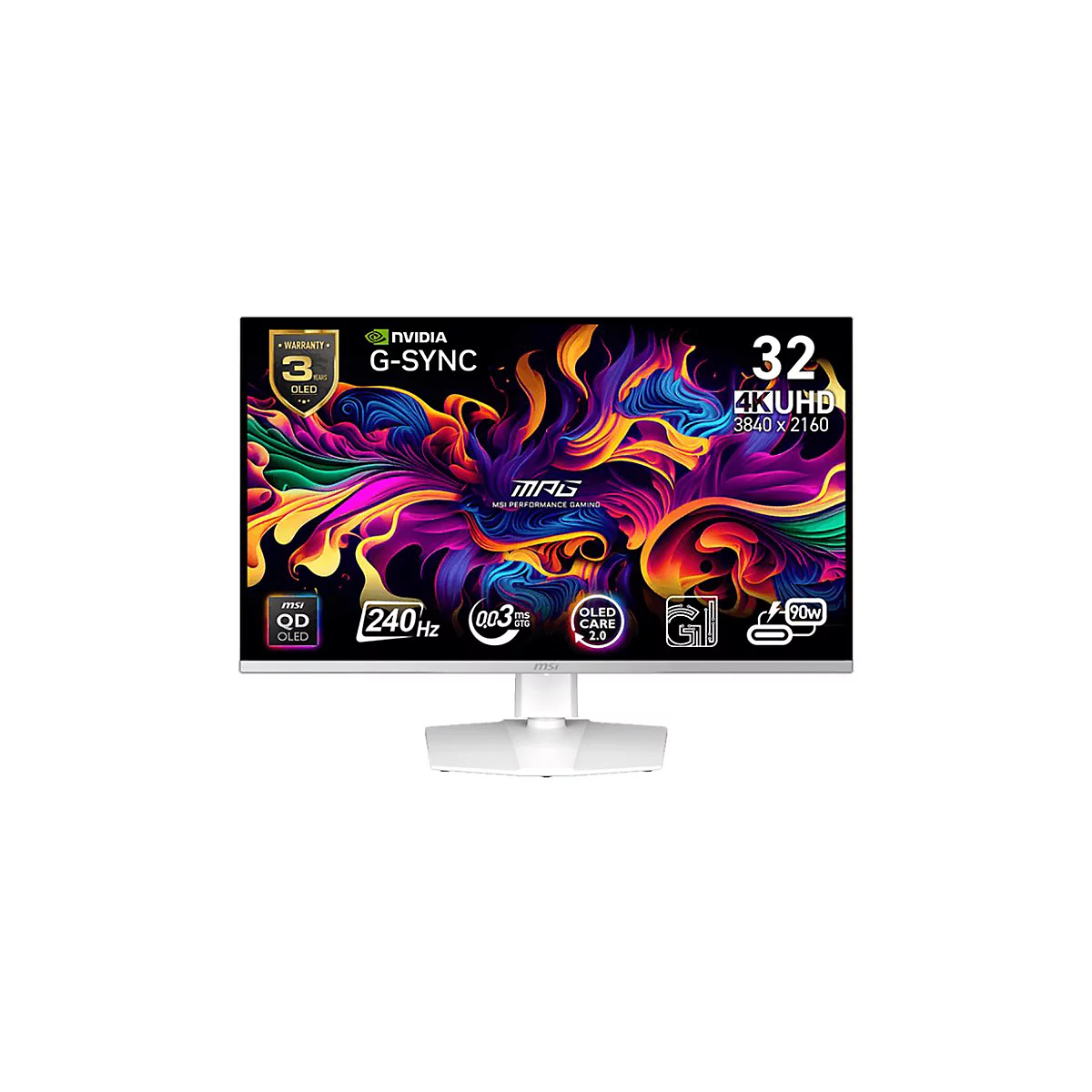 Weißer MSI MPG Gaming-Monitor mit 32-Zoll-4K-Display, das ein buntes, abstraktes Muster zeigt.