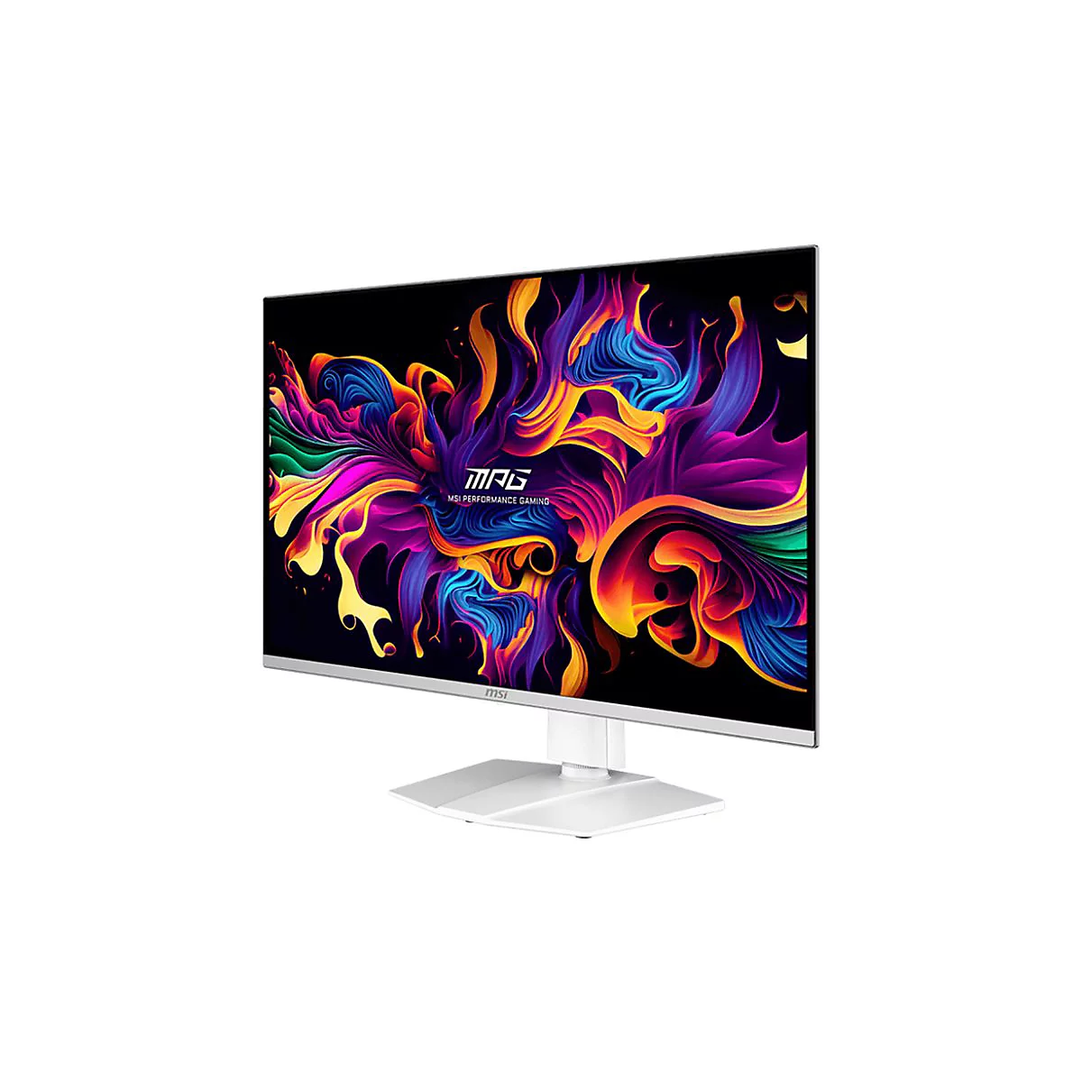 Weißer MSI Gaming-Monitor mit dünnem Rahmen auf einem Standfuß vor farbenfrohem, abstraktem Hintergrund.