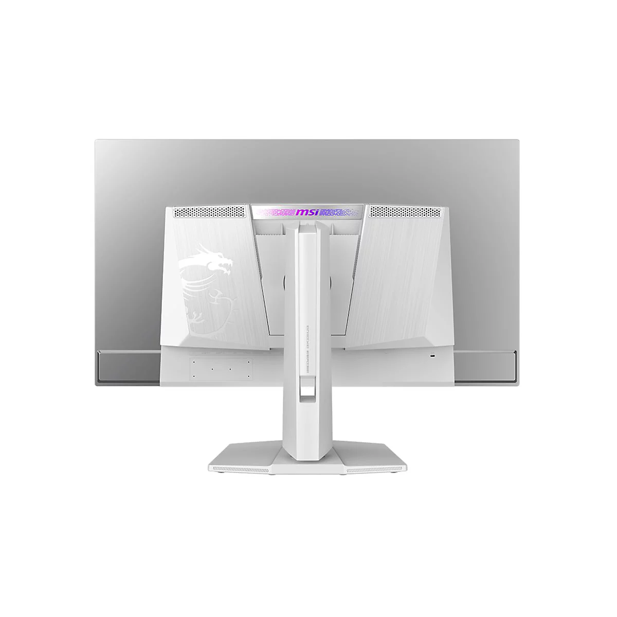 Rückseite eines weißen MSI-Monitors mit Drachenlogo und Standfuß vor grauem Hintergrund.