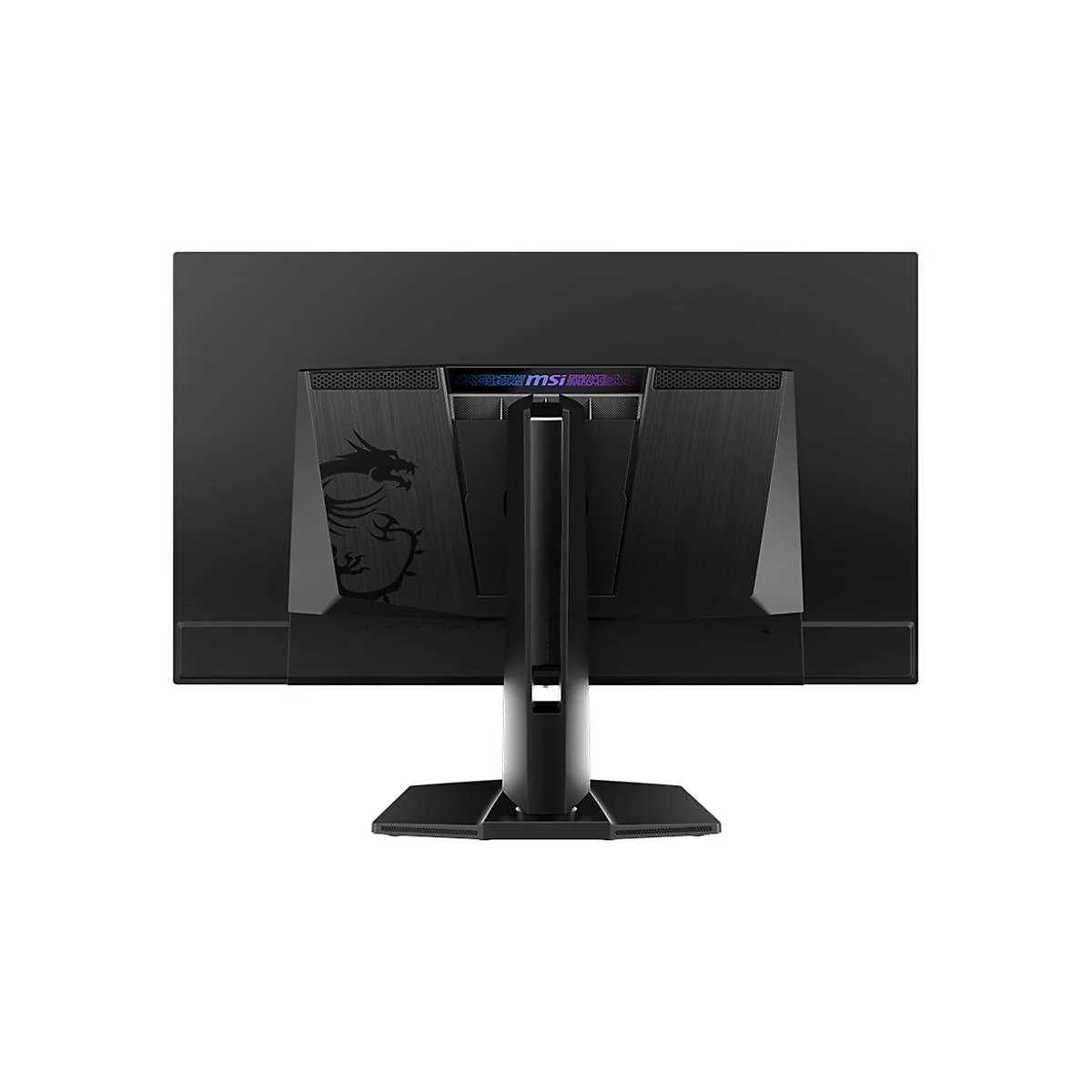 Rückseite eines schwarzen MSI Gaming-Monitors mit Drachenlogo und RGB-Akzent.