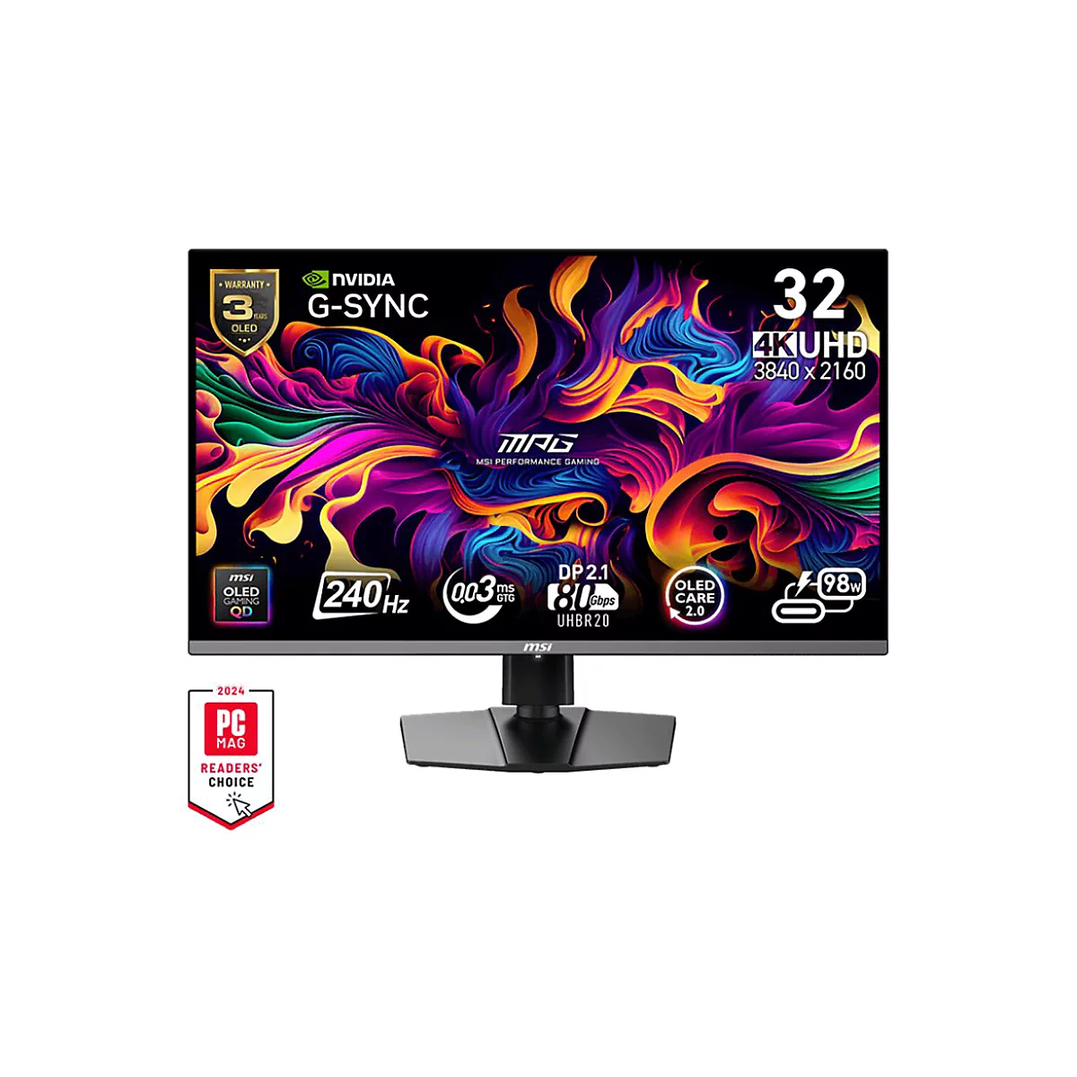 MSI 32 Zoll 4K UHD Gaming-Monitor mit leuchtend buntem abstraktem Hintergrund und technischen Spezifikationen.