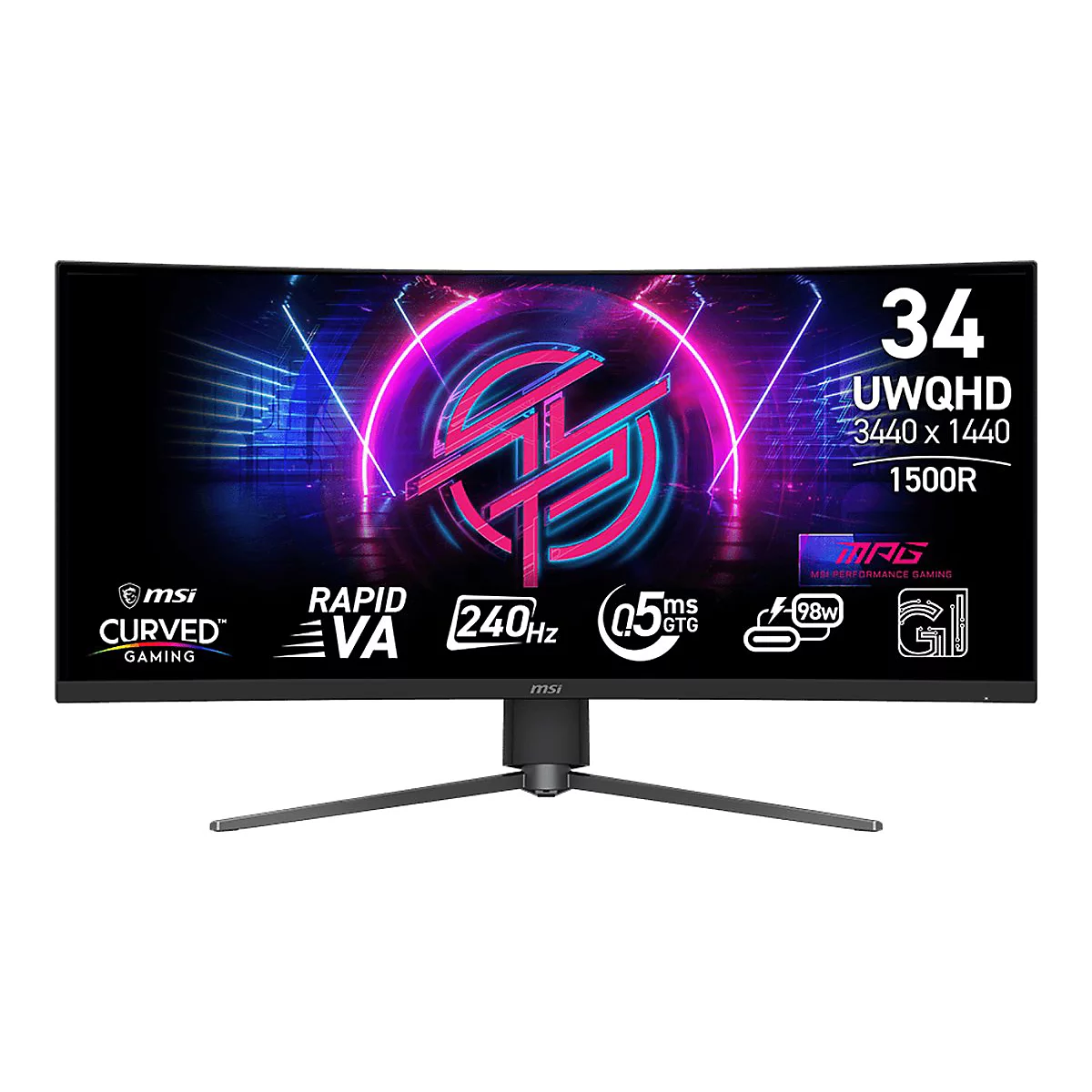 MSI Curved Gaming Monitor mit 34 Zoll UWQHD Auflösung und 240Hz auf weißem Hintergrund.