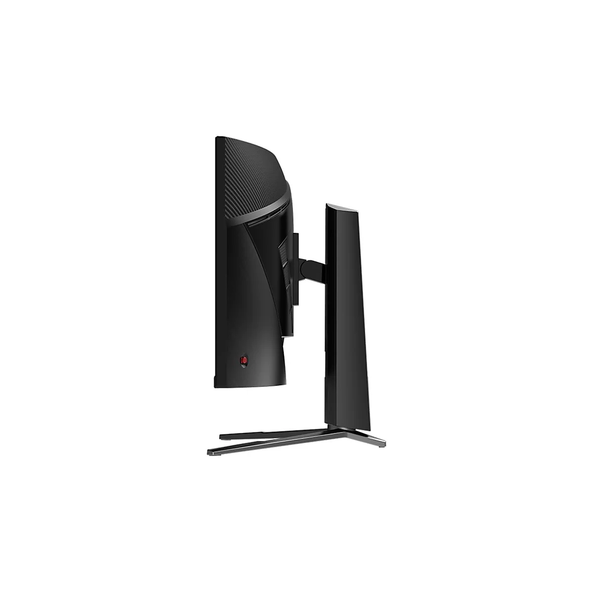 Seitenansicht eines schwarzen, gebogenen Gaming-Monitors mit einem stabilen Standfuß vor weißem Hintergrund.