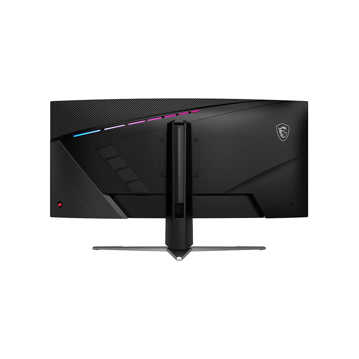 Rückseite eines schwarzen MSI Gaming-Monitors mit RGB-Beleuchtung und Standfuß vor weißem Hintergrund.