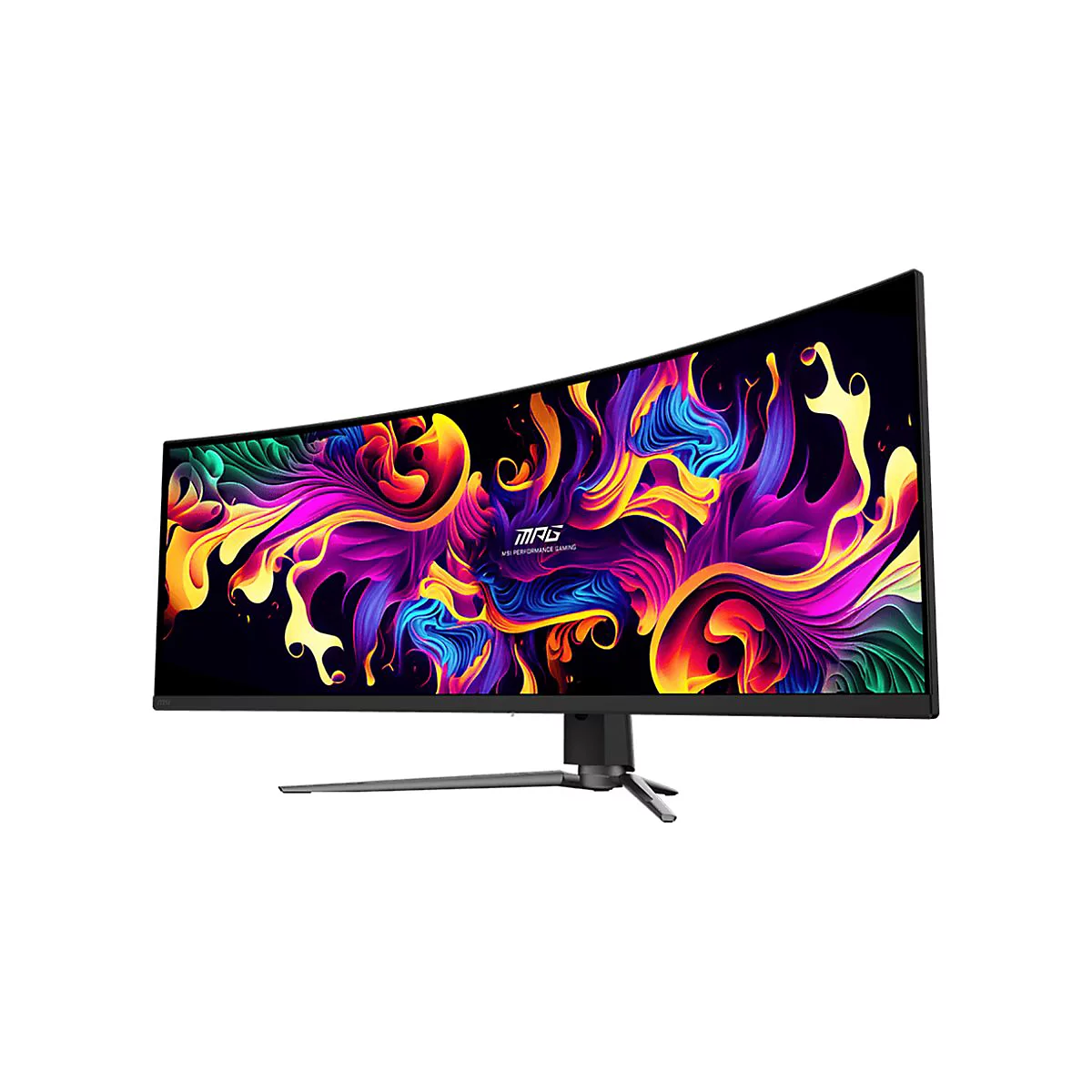 Gebogener Gaming-Monitor, schwarzer Rahmen, bunte Grafiken auf dem Bildschirm, grauer Standfuß.
