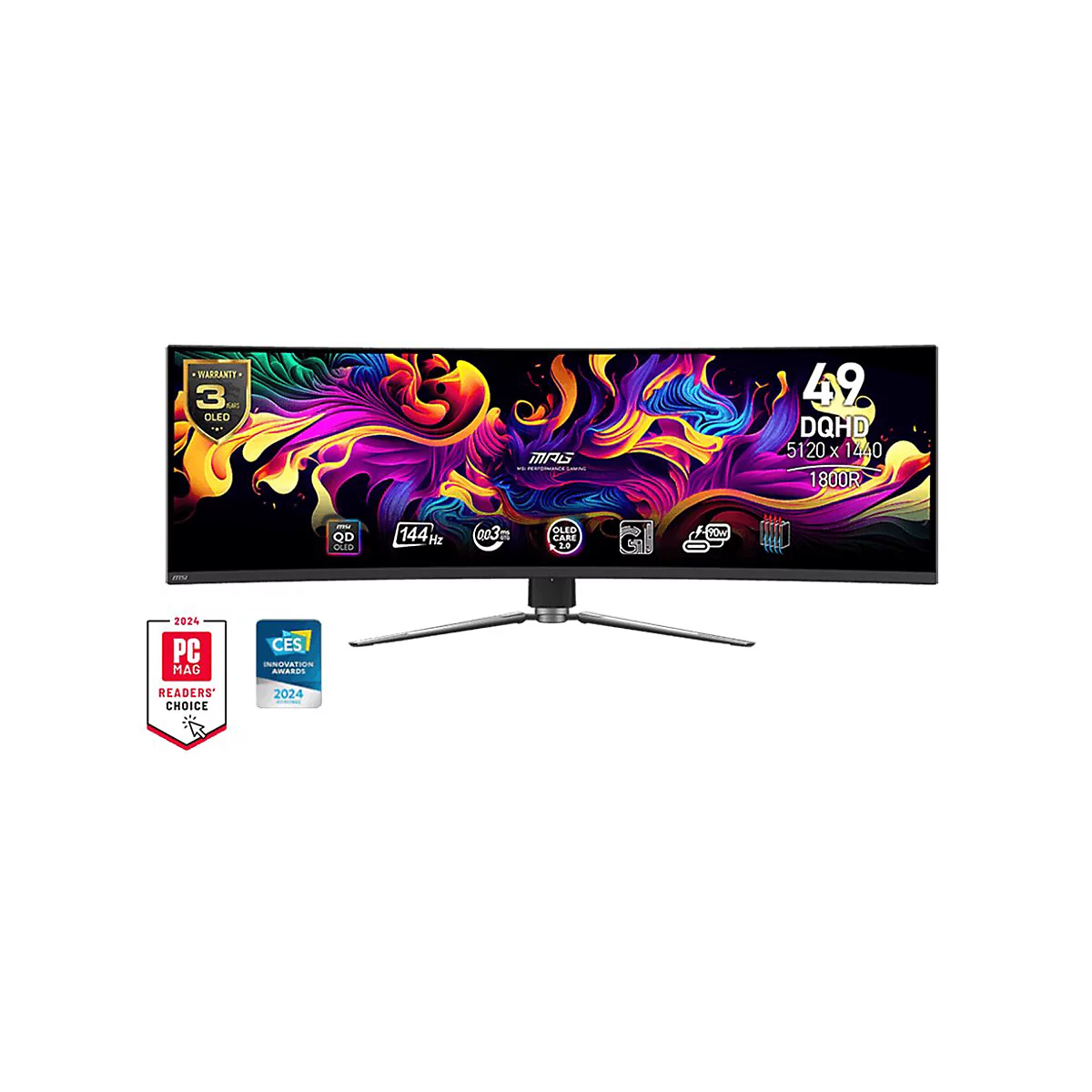 Ein gebogener Monitor mit bunten Farben. Die Angaben zeigen 49 Zoll, DQHD, 5120 x 1440, 1800R, 144 Hz und 0,03 ms Reaktionszeit. Es gibt Logos von PC Mag und CES.