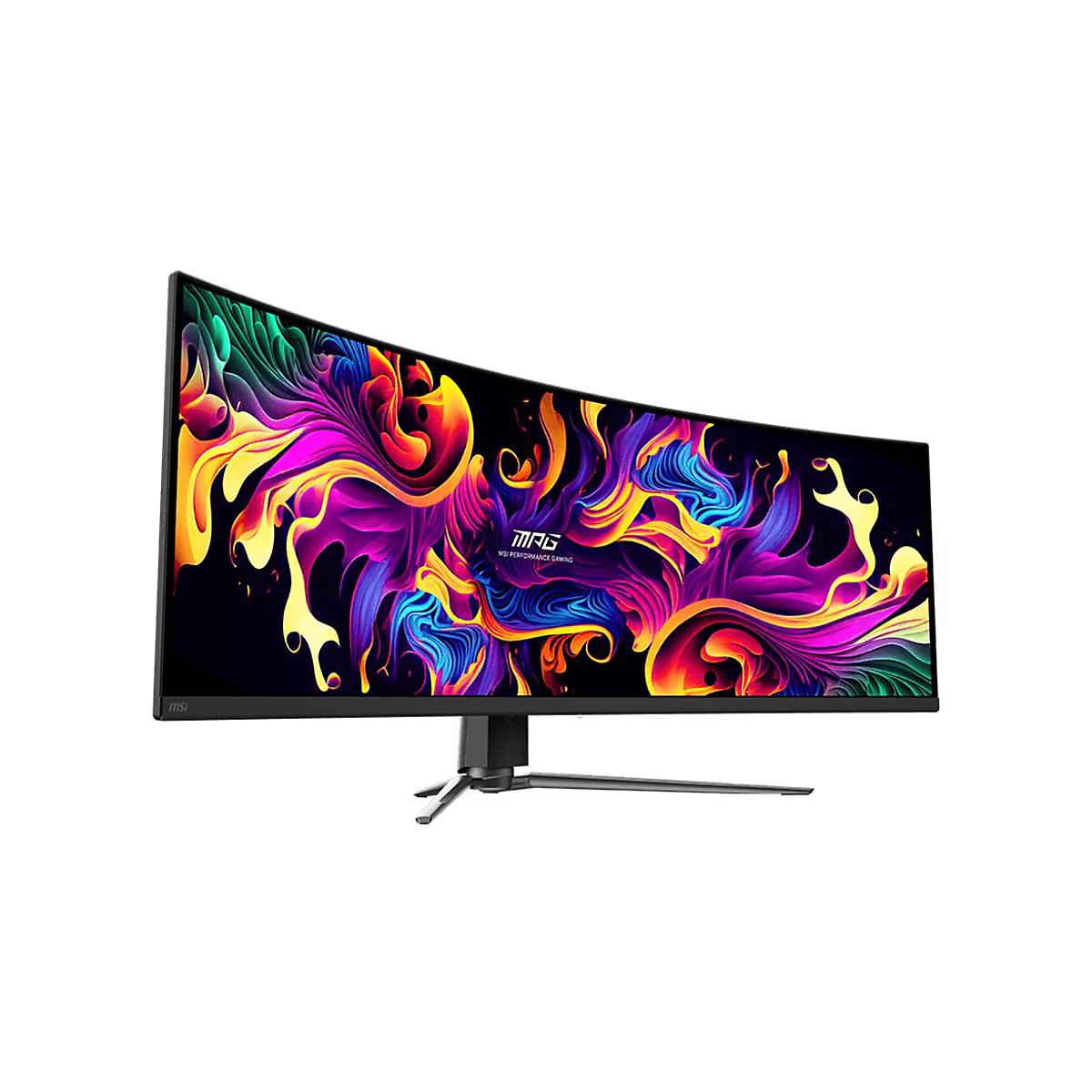 Gebogener Gaming-Monitor mit farbenfrohem, abstraktem Hintergrund. MSI-Logo und Standfuß.