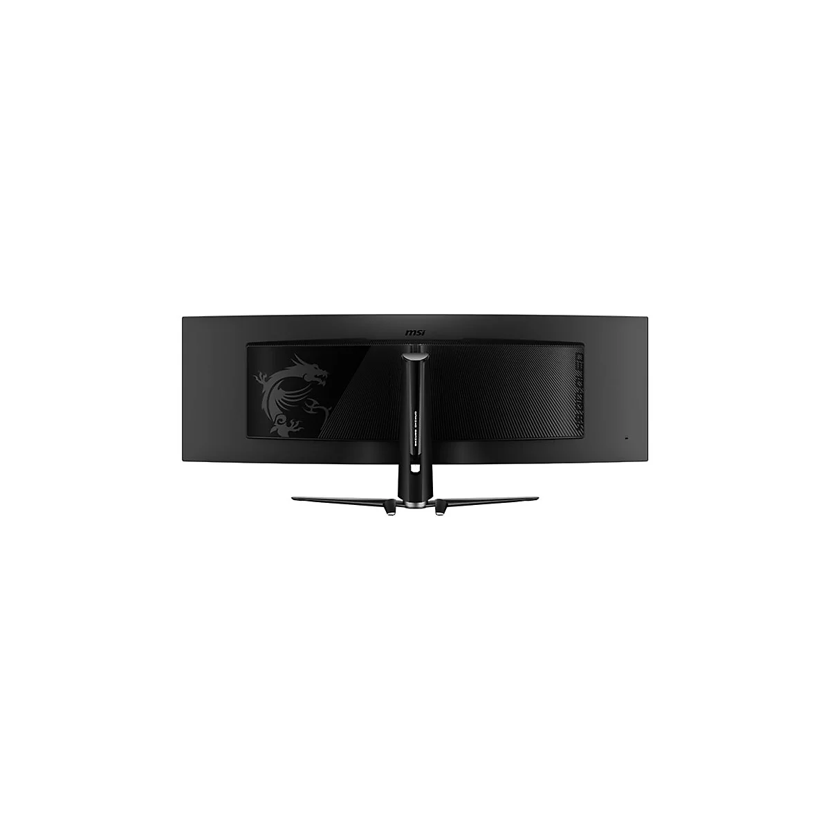 Rückansicht eines schwarzen MSI-Curved-Monitors mit Dragon-Logo. Der Monitor ist auf einem weißen Hintergrund zentriert.