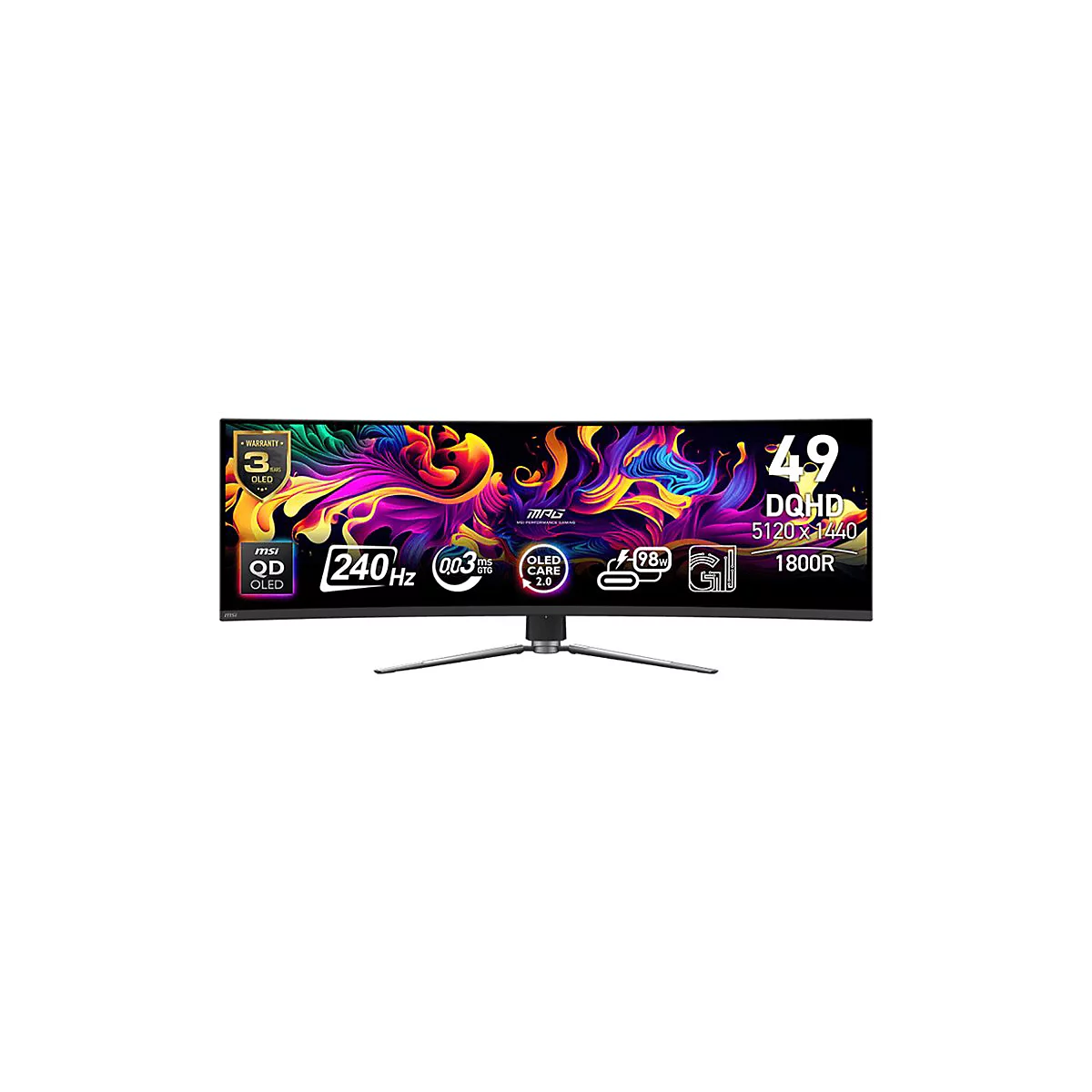 MSI 49-Zoll QD-OLED Curved Gaming-Monitor vor weißem Hintergrund mit bunten abstrakten Grafiken auf dem Display.