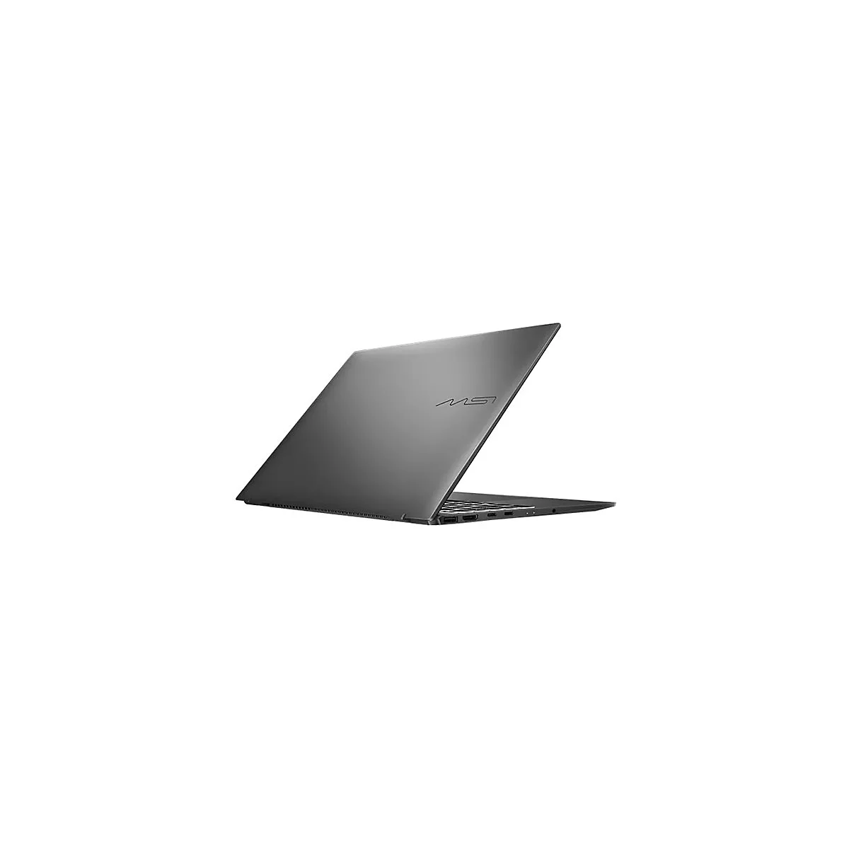 Dunkelgraues Laptop, leicht geöffnet, mit MSI-Logo auf dem Deckel. Der Bildschirm und die Seitenanschlüsse sind sichtbar.