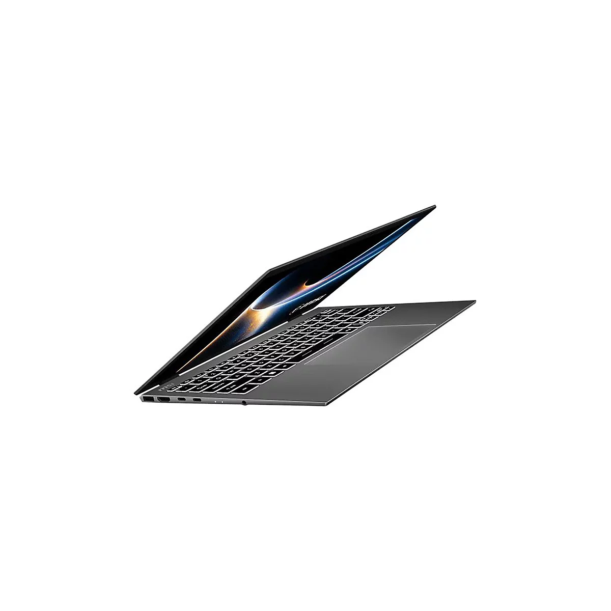 Ein grauer Laptop mit geöffnetem Display, die Tastatur ist sichtbar. Der Bildschirm zeigt ein abstraktes Design.