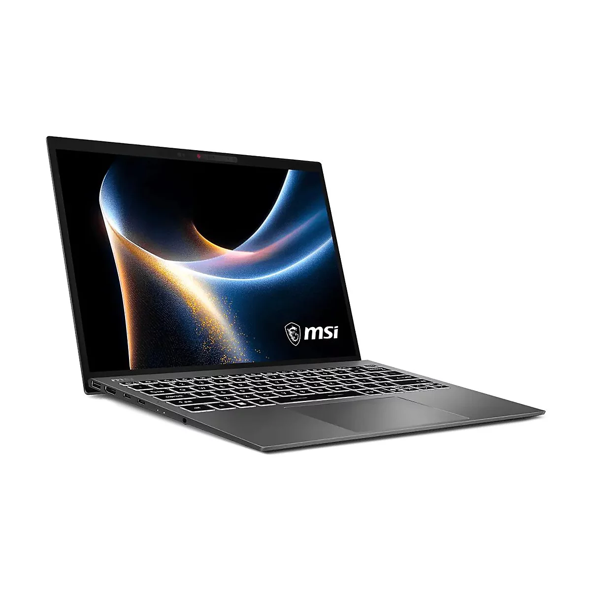 Grauer Laptop mit beleuchtetem Bildschirm. Auf dem Bildschirm ist ein blau-oranges abstraktes Muster zu sehen, darunter das MSI Logo.