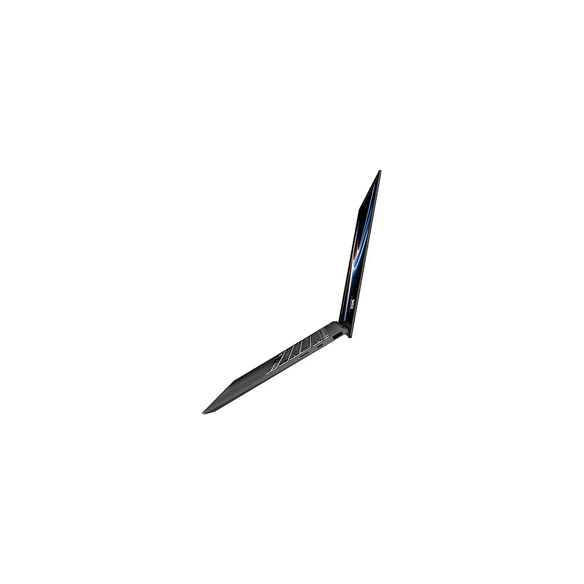Ein graues Laptop-Gerät, leicht geöffnet, in Schräglage vor weißem Hintergrund. Der Bildschirm zeigt ein blau-gelbes Muster.