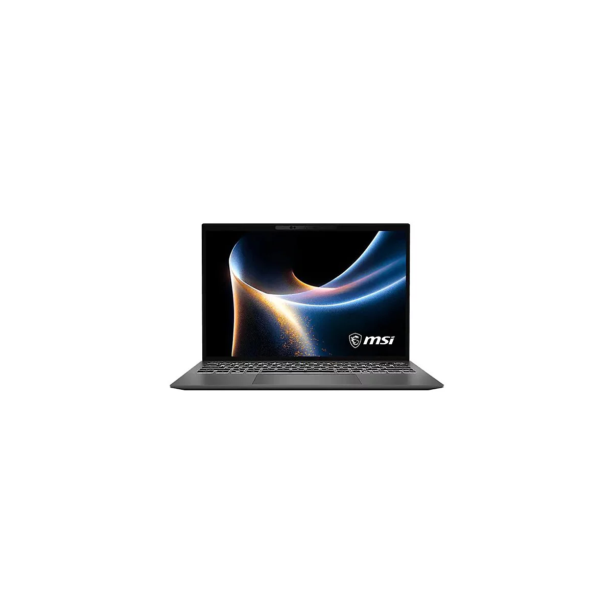 Ein graues Laptop mit schwarzem Bildschirm, der ein abstraktes blau-goldenes Design zeigt. Darunter befindet sich das MSI-Logo.