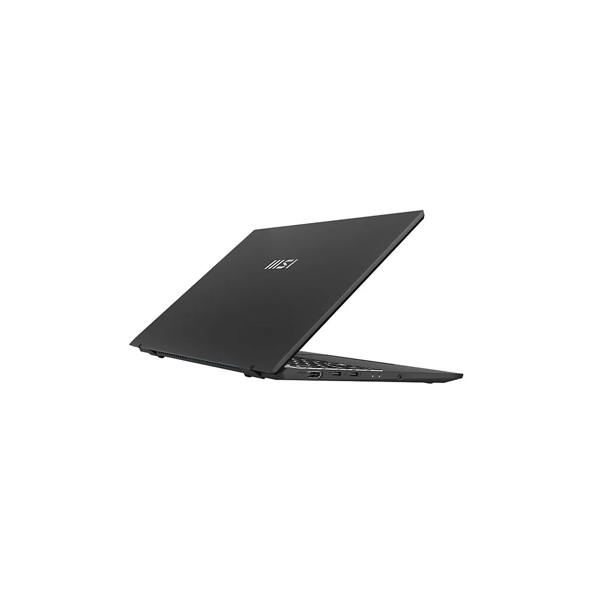 Schwarzer Laptop, leicht geöffnet, diagonale Ansicht. Oben rechts Logo, unten Ports.