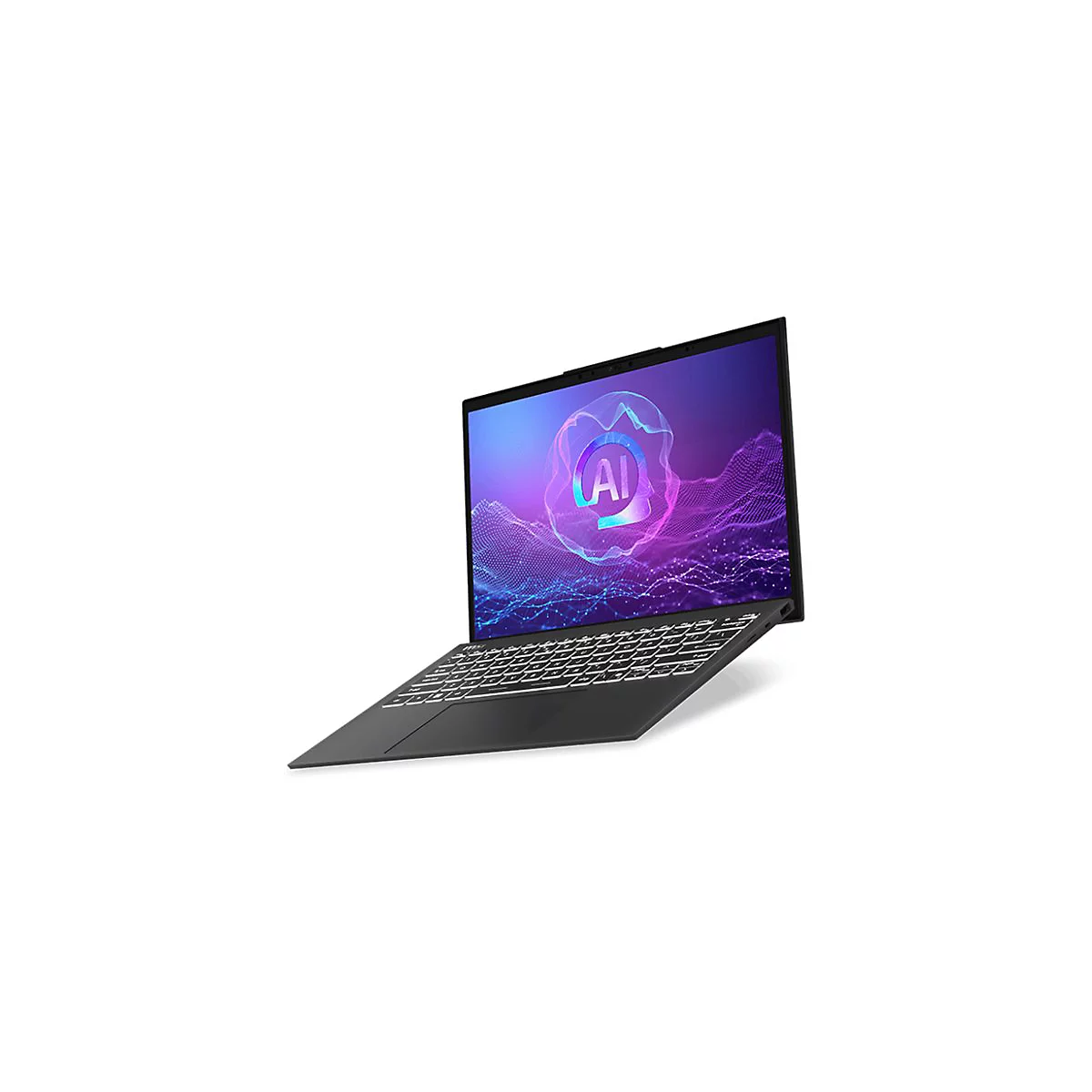 Ein schwarzer Laptop, der leicht von oben gesehen wird. Auf dem Bildschirm ist ein blau-violetter Hintergrund mit dem Wort "AI" zu sehen.