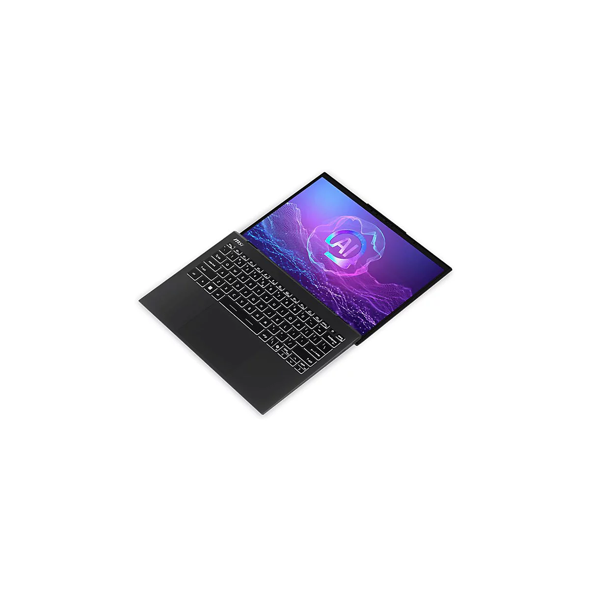 Schwarzes Laptop, geöffnet, auf dem Bildschirm „AI“ Logo, weiße Tastaturbeleuchtung. Weißer Hintergrund.