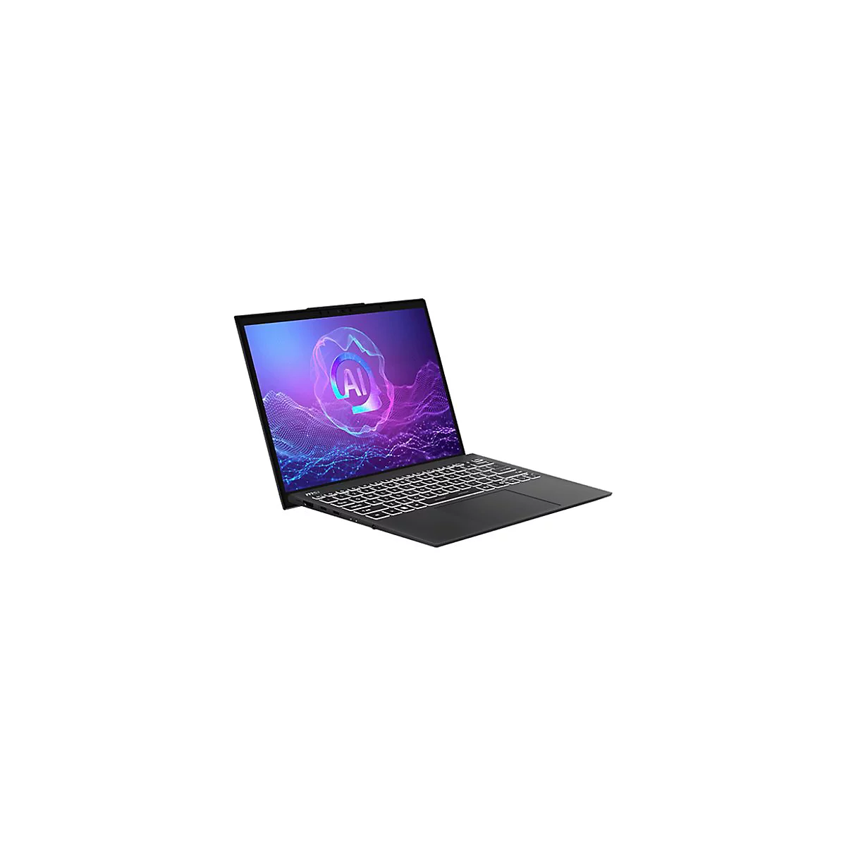 Schwarzer Laptop, leicht geöffnet, mit Display, auf dem eine Grafik mit „AI“ zu sehen ist.