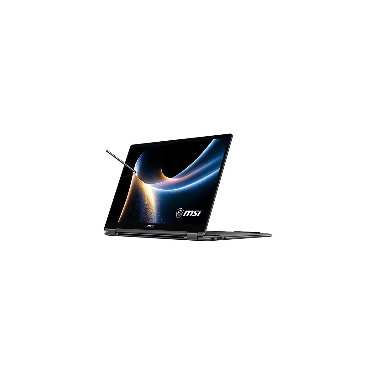 Ein schwarzes MSI-Laptop mit einem Stift, der auf dem Bildschirm schwebt. Der Bildschirm zeigt ein blaues Design.