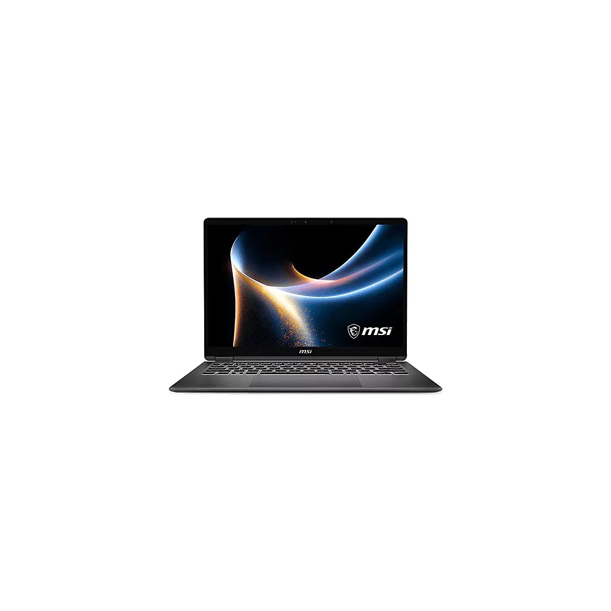Ein graues MSI-Laptop, geöffnet, auf weißem Hintergrund. Der Bildschirm zeigt eine abstrakte blaue und goldene Grafik.