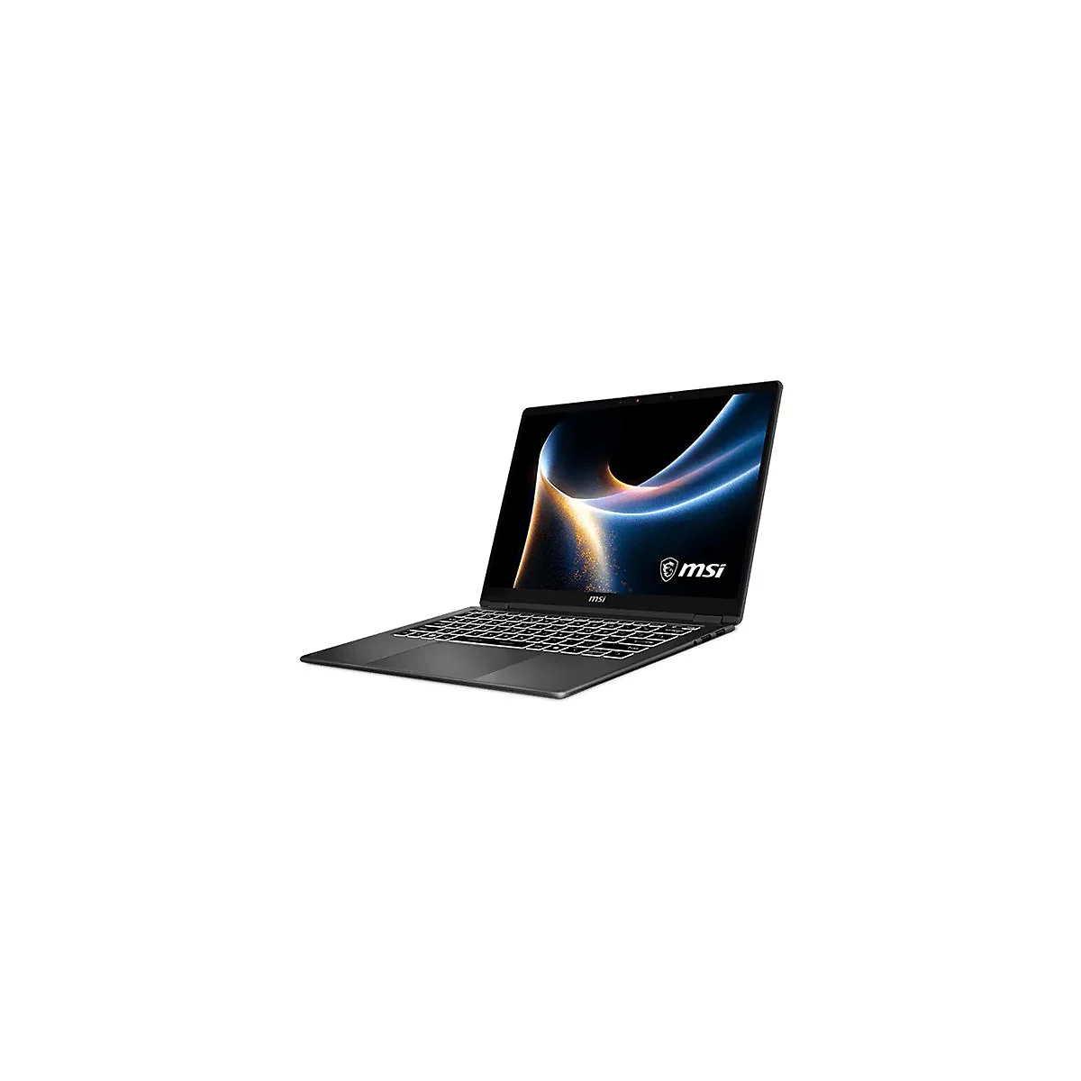 Schwarzer Laptop, halb geöffnet, mit Logo 'msi' und hellem Display-Hintergrund.