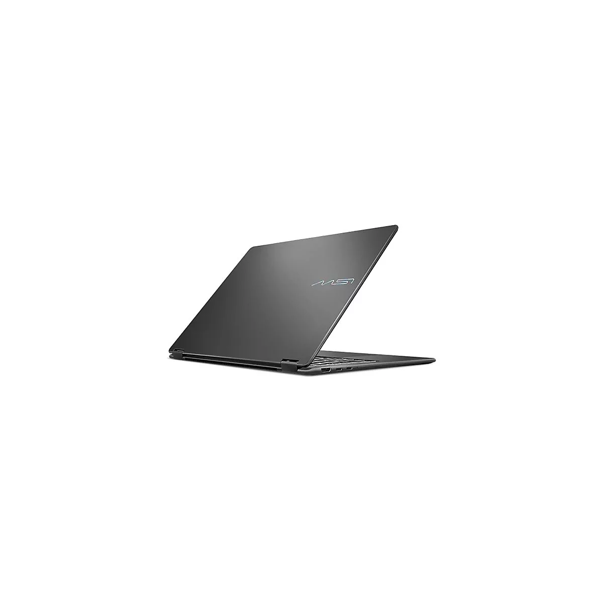 Dunkelgraues Laptop, leicht geöffnet, MS Logo. Weißer Hintergrund.