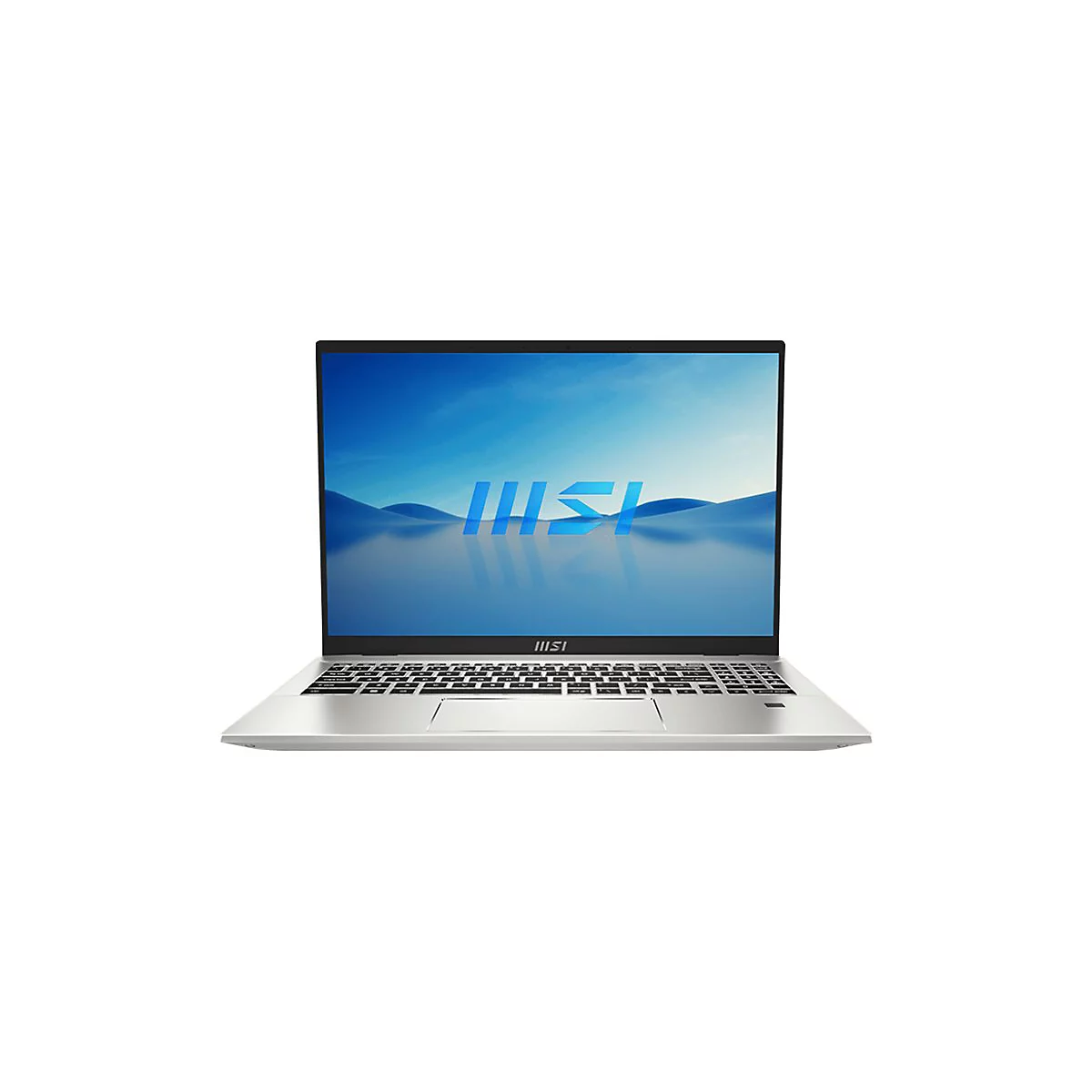 Silberfarbener Laptop mit geöffnetem Deckel, auf dem Bildschirm das MSI Logo auf blauem Hintergrund.