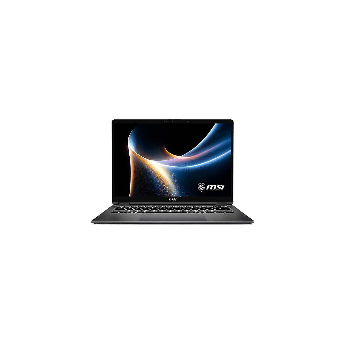 Dunkelgraues MSI-Laptop, geöffnet, Display mit Abstraktem. Tastatur und Logo unten.