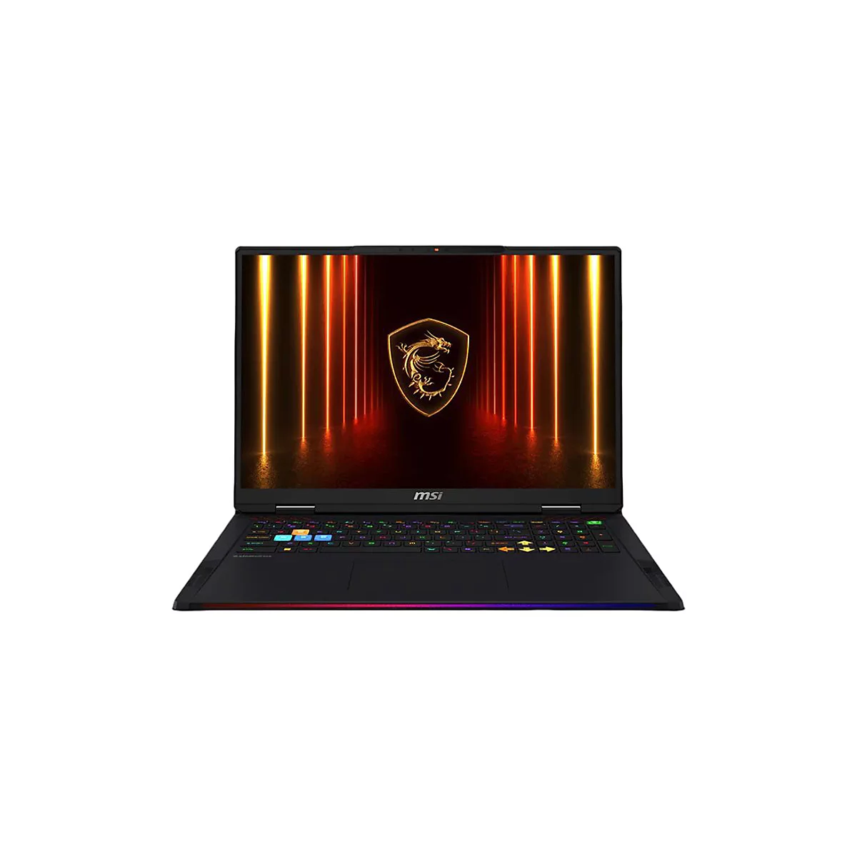 Schwarzes MSI-Laptop, beleuchtete Tastatur, Display mit goldenem Drachenlogo, Hintergrund mit farbigen Lichtlinien.