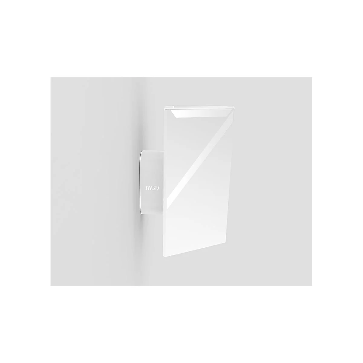 Weißes Gerät, an der Wand befestigt, mit MSI-Logo. Klare, geometrische Form.
