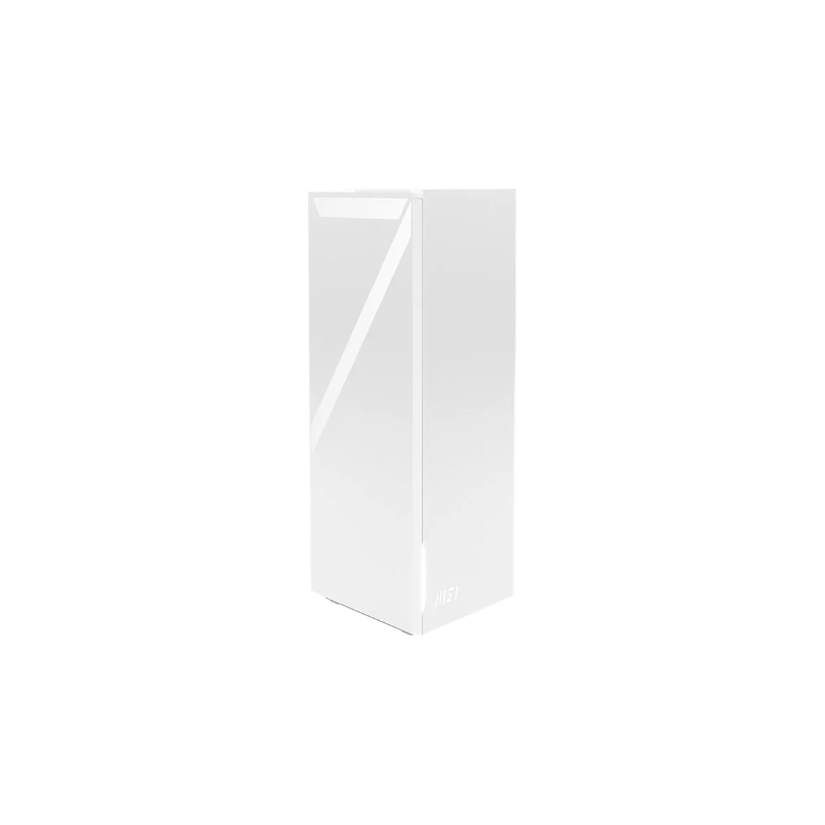 Ein weißer, hoher PC-Tower vor weißem Hintergrund. Eine diagonale Linie verläuft über die Oberfläche.
