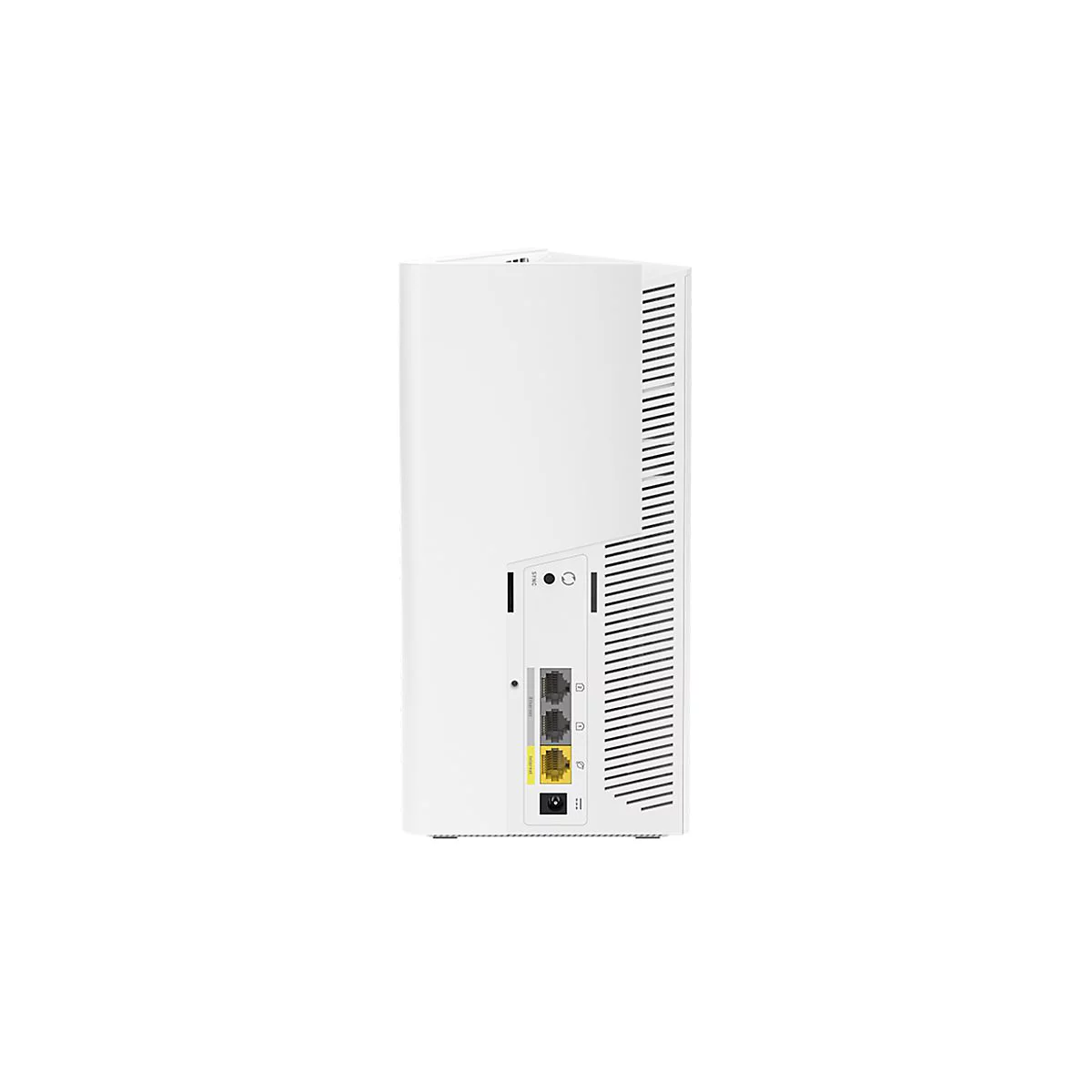 Weißer Router mit Anschlüssen, darunter Ethernet und ein Power-Knopf.