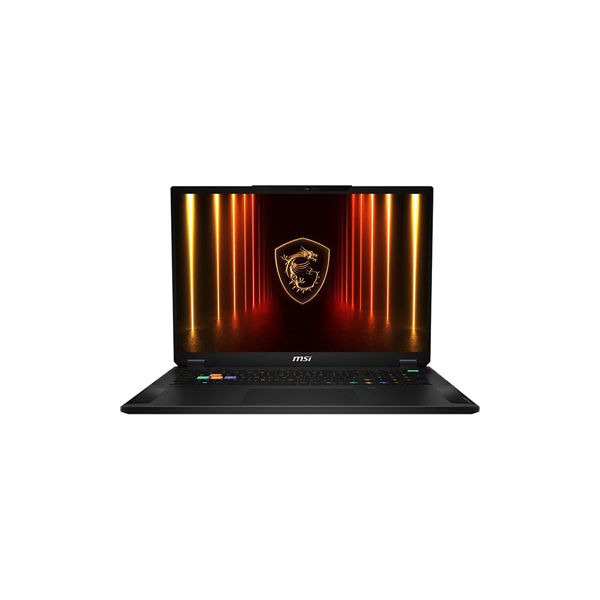 Schwarzer Laptop, geöffnet. Auf dem Bildschirm ein goldenes Logo und orangefarbene, vertikale Linien. Unten steht „msi“.