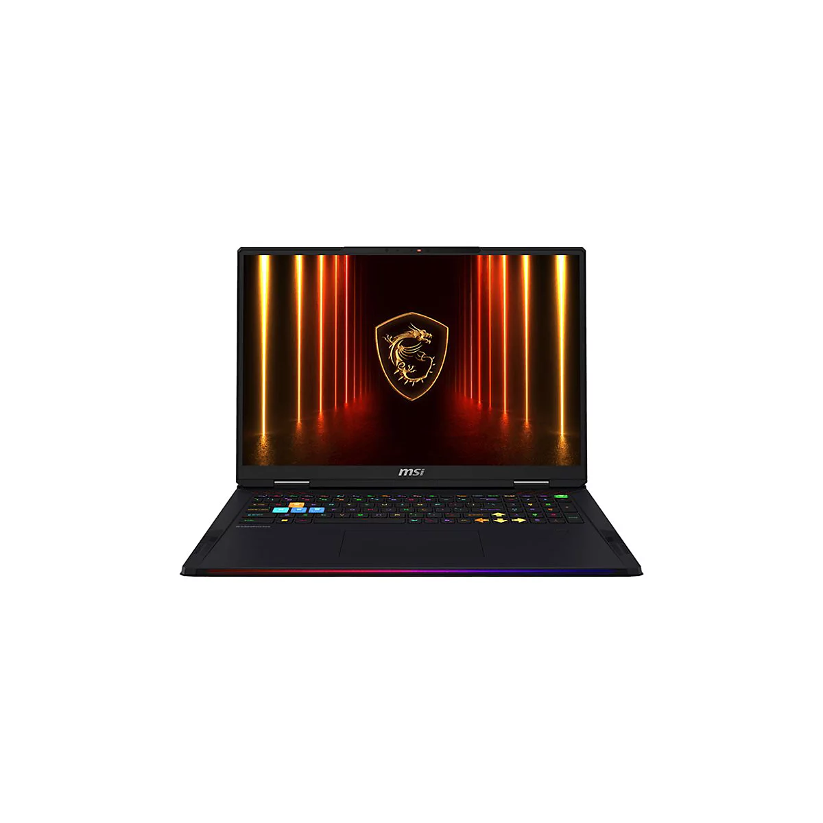 Schwarzer Laptop mit geöffnetem Display. Auf dem Bildschirm ist ein goldener Drache auf rotem Hintergrund zu sehen, umrahmt von gelben Linien. Die Tastatur ist beleuchtet.