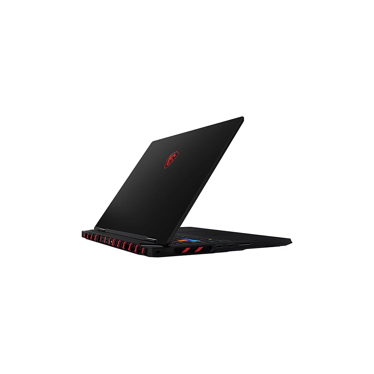 Schwarzer Laptop von hinten mit rotem Logo auf der Oberseite. Geöffnet, Blick auf Tastatur und Seitenteile.