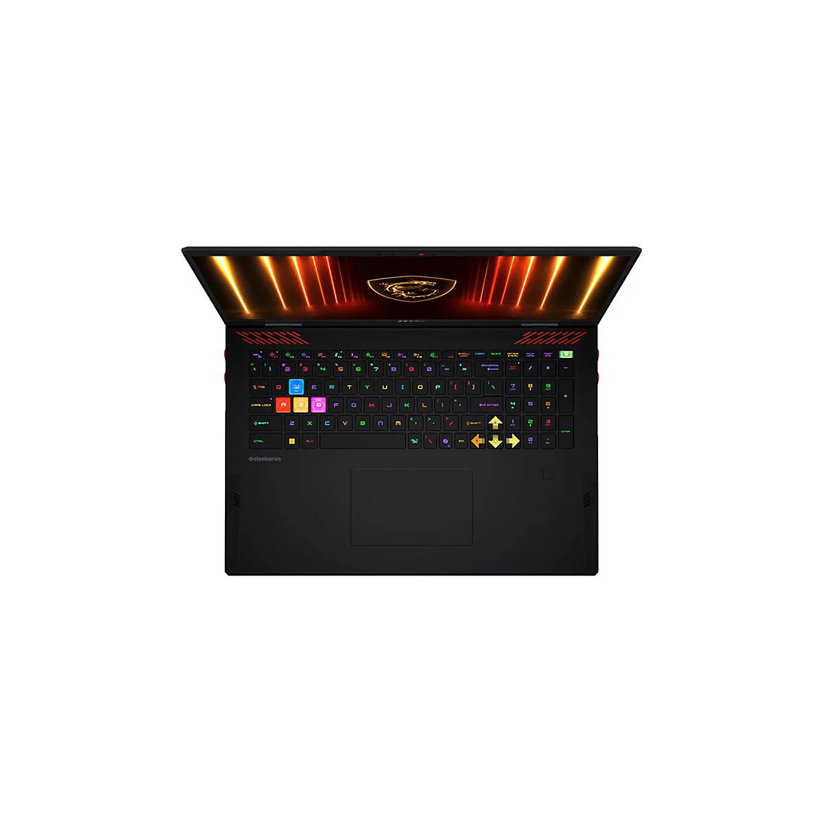Draufsicht auf einen schwarzen Laptop mit farbiger Tastatur und Hintergrundbeleuchtung.