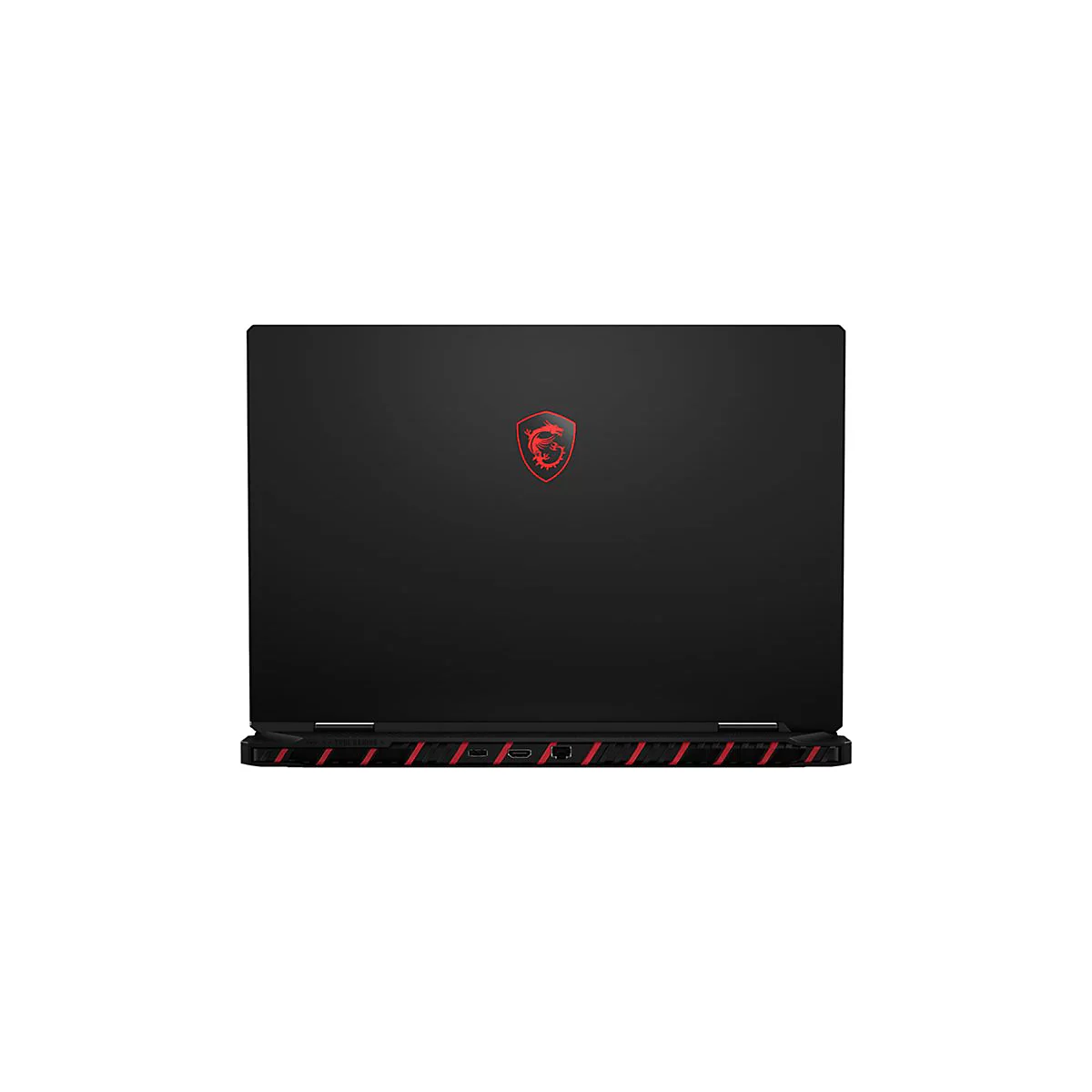 Schwarzer Laptop von oben. Rotes MSI-Logo, rote Streifen am Rand. Anschlüsse unten.
