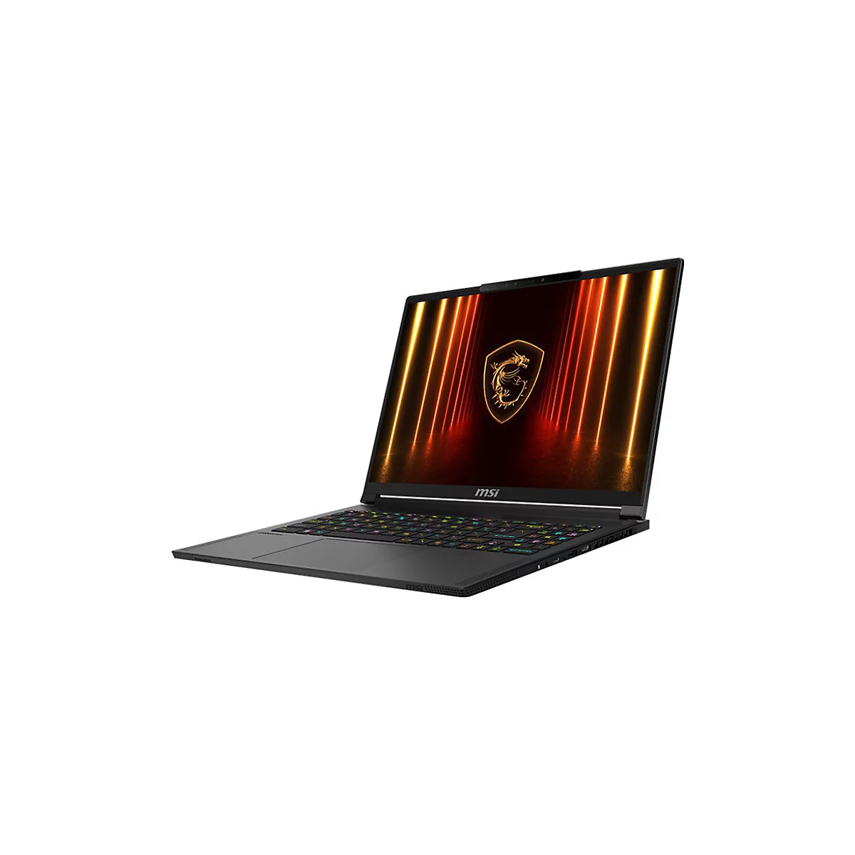 Schwarzes MSI-Laptop, Bildschirm zeigt ein goldenes Drachenlogo, Tastatur mit Farbverlauf, weißer Hintergrund.