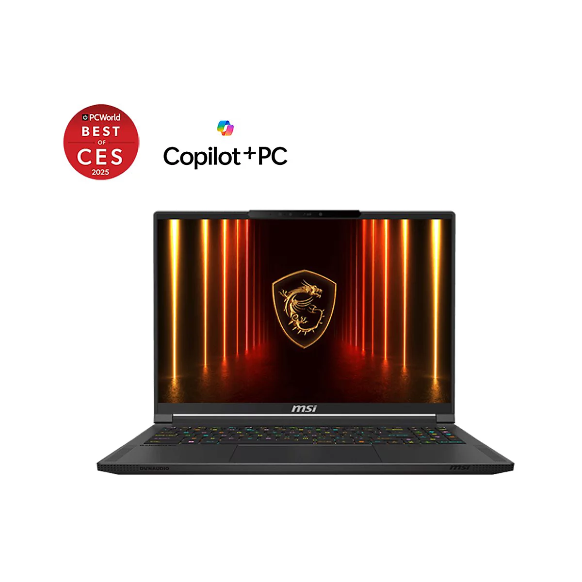 Schwarzes Laptop, Bildschirm mit goldenem Drachenlogo, "CES 2025" Logo.