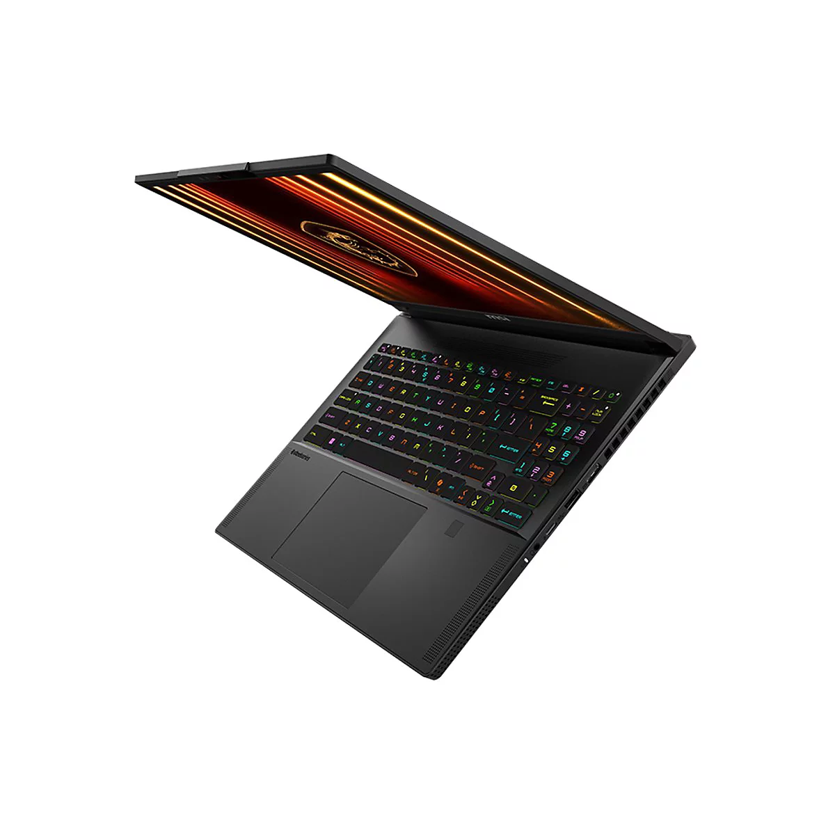 Schwarzer Laptop, leicht geöffnet, mit farbig beleuchteter Tastatur und markantem Display.