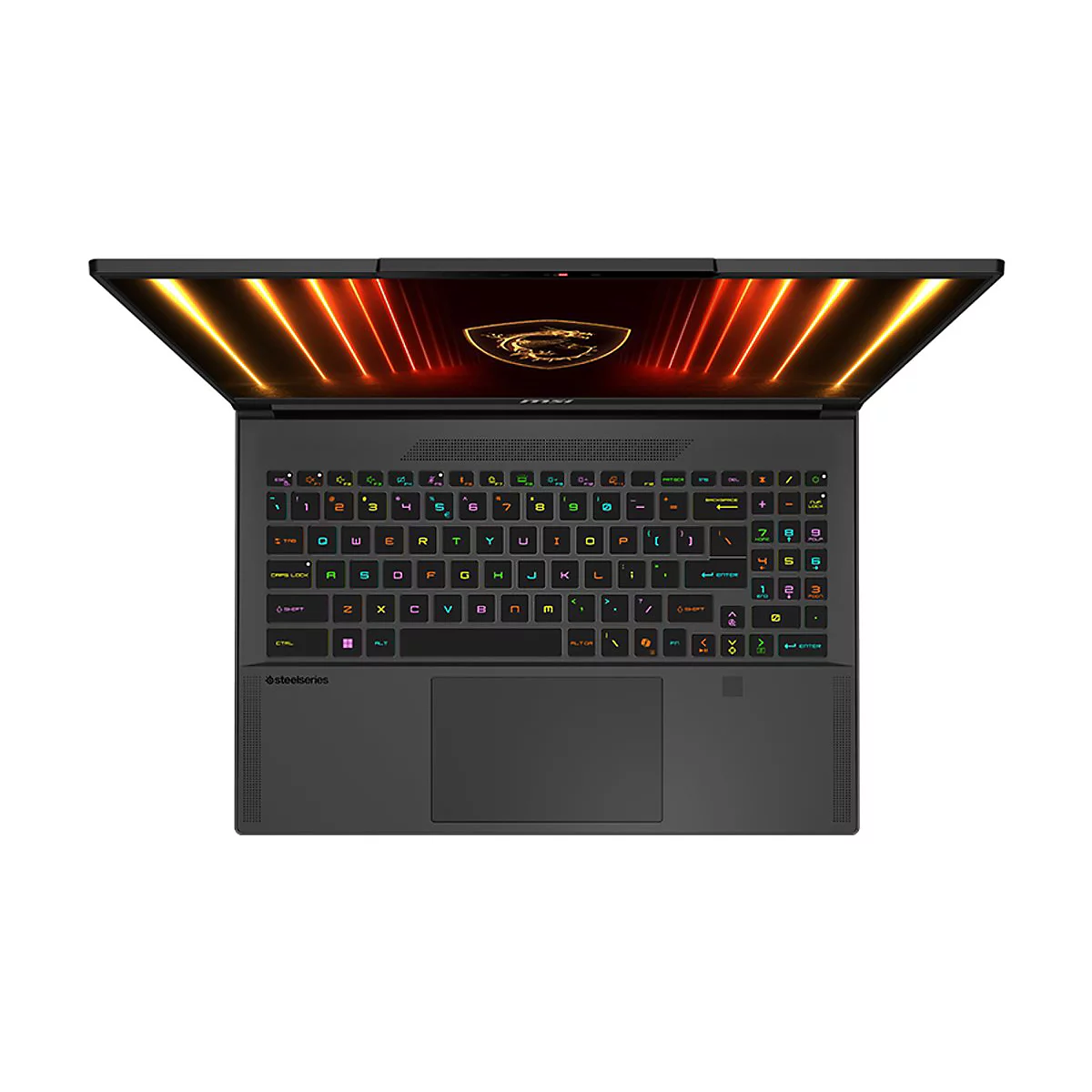 Draufsicht auf einen schwarzen Laptop mit beleuchteter Tastatur. Der Bildschirm zeigt ein abstraktes Muster in Orange und Gelb.