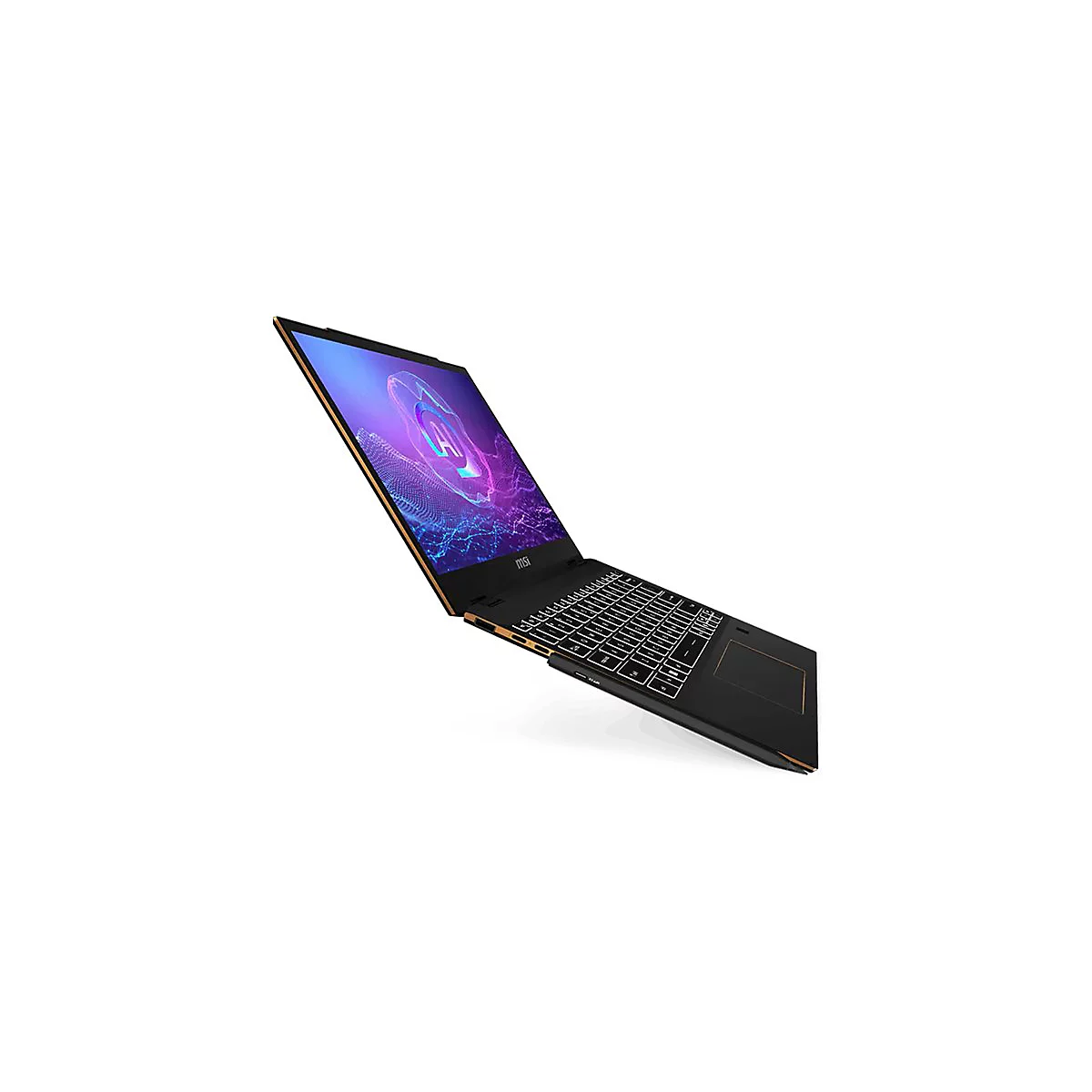 Schwarzes Laptop mit goldfarbenen Akzenten, leicht geöffnet, vor weißem Hintergrund. Bildschirm zeigt blaues Muster, MSI Logo.