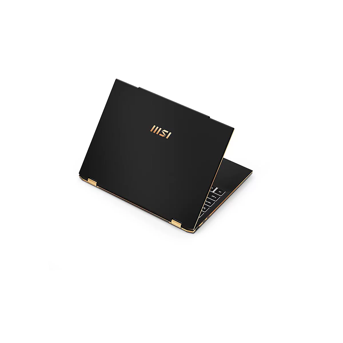 Schwarzes Laptop mit goldfarbenen Akzenten, leicht geöffnet auf weißem Hintergrund. Das MSI-Logo ist sichtbar.