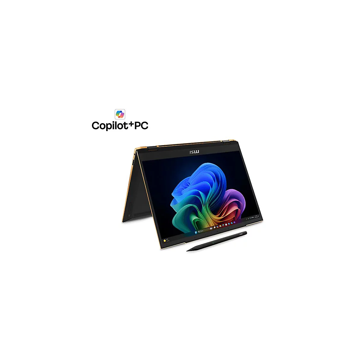 Ein goldfarbenes MSI-Laptop mit schwarzem Bildschirm und Stift, der leicht geöffnet ist. Im Hintergrund ist ein farbenfrohes abstraktes Design zu sehen. Copilot+PC-Logo oben links.