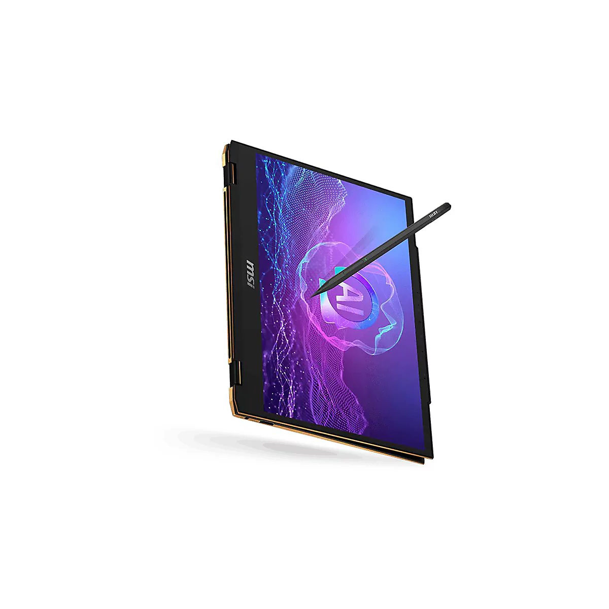 Ein schwarzes Laptop mit goldenen Akzenten, mit einem Stift, der auf dem Bildschirm schwebt. Auf dem Bildschirm das AI-Logo.