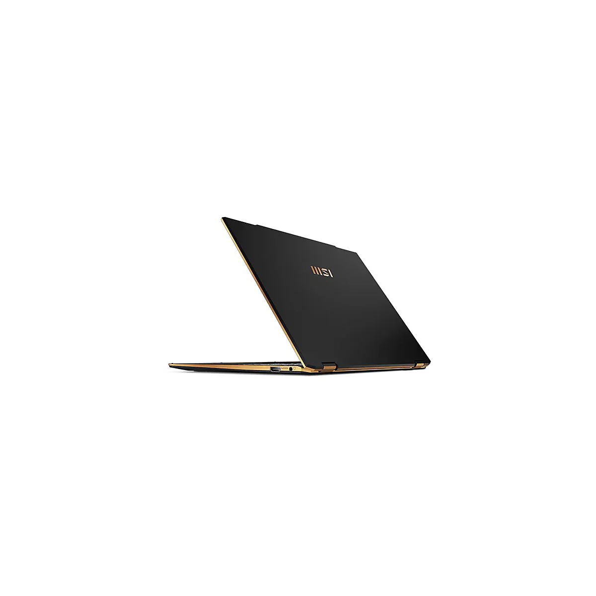 Schwarzes Laptop-Gerät, leicht geöffnet, mit goldenen Akzenten. Das MSI-Logo ist deutlich sichtbar.