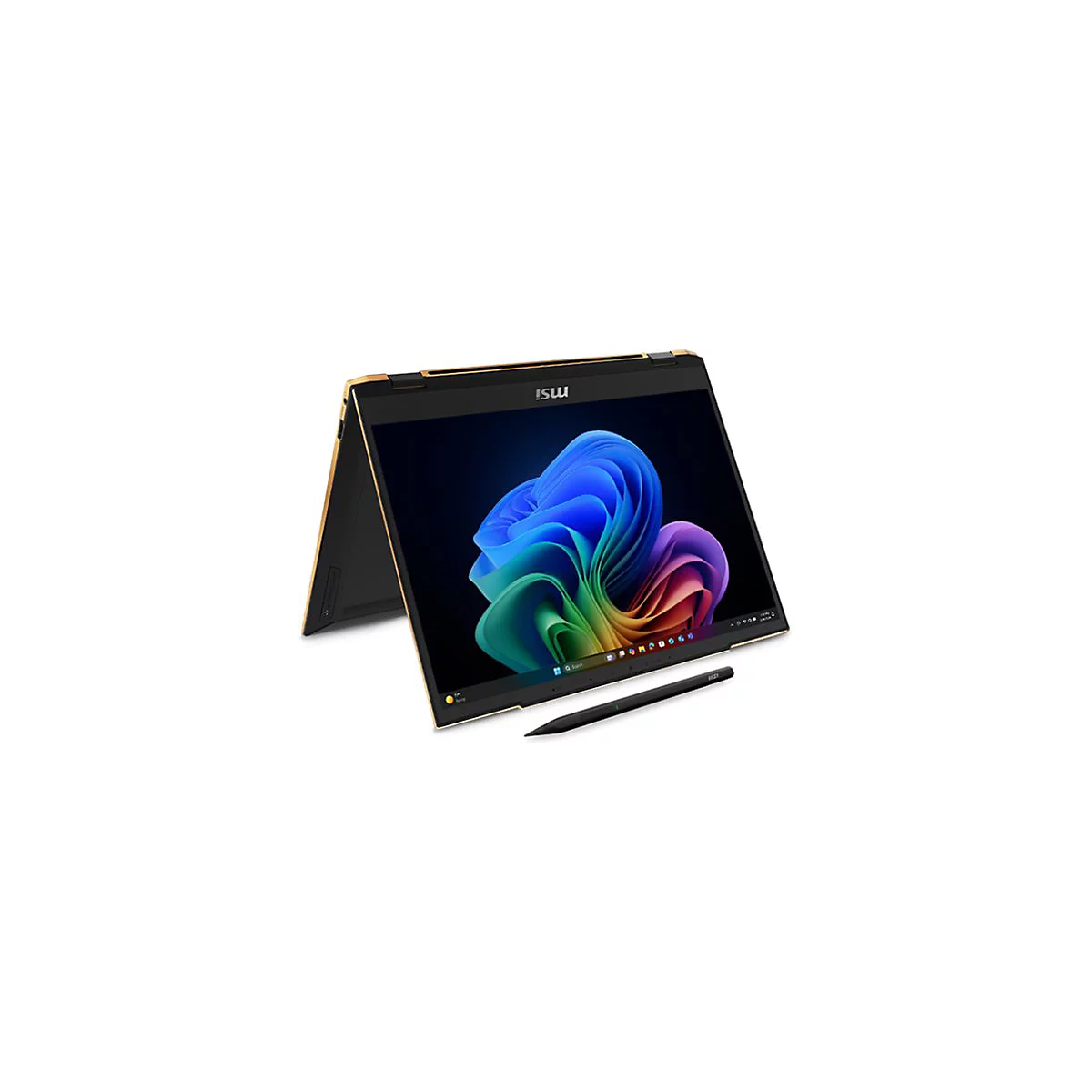 Schwarzes Laptop mit goldenem Rahmen und Touchscreen, daneben Stift. Auf dem Display bunte Grafik. Logo MSI.