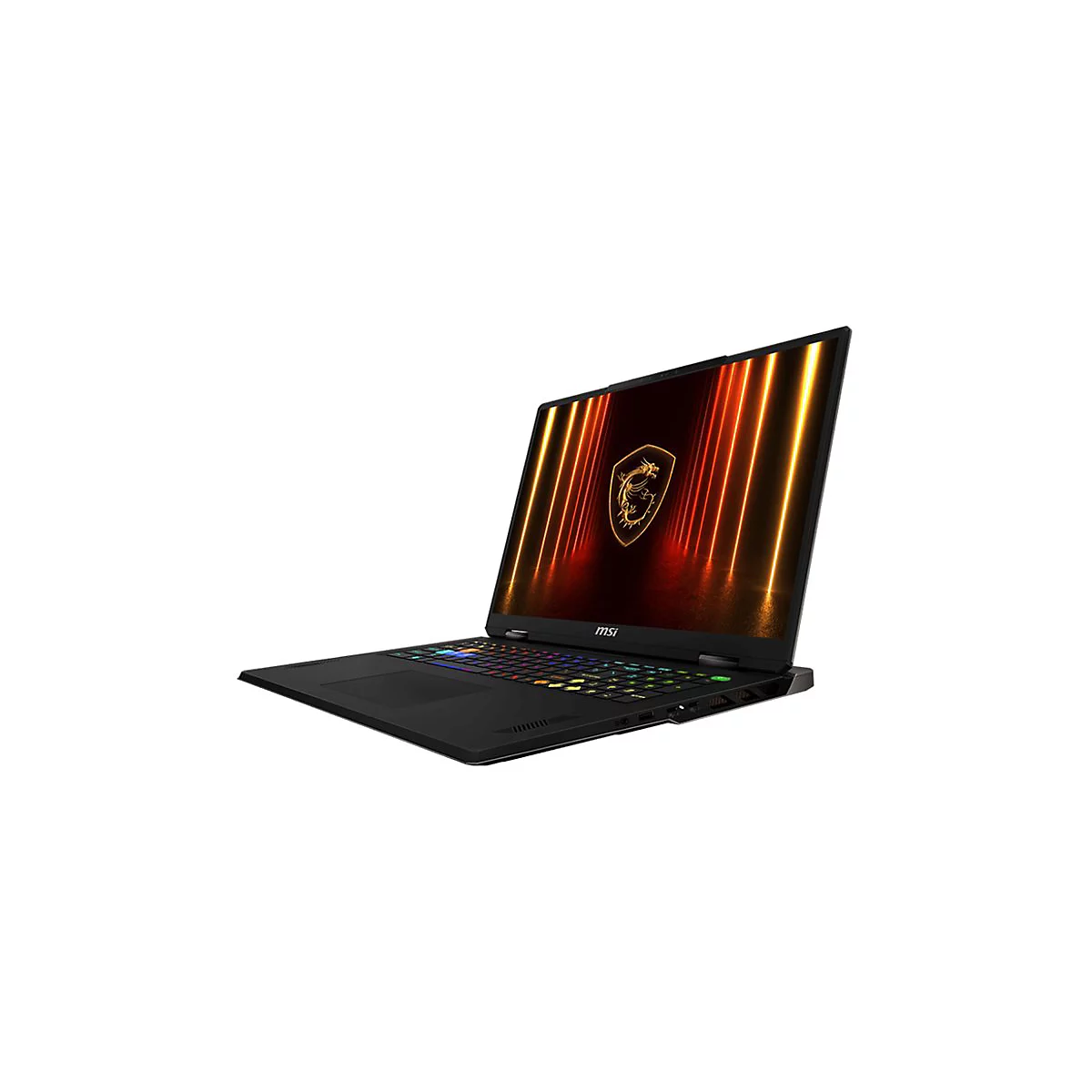 Schwarzer Laptop von MSI, Bildschirm mit goldenem Drachenlogo, Regenbogenfarben-Tastatur.